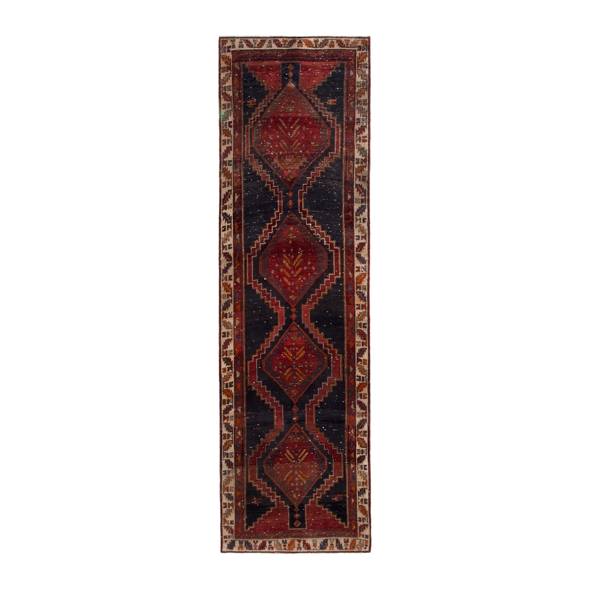 Persian Azerbaijan runner rug in navy and deep red, 3'7" x 12'4"