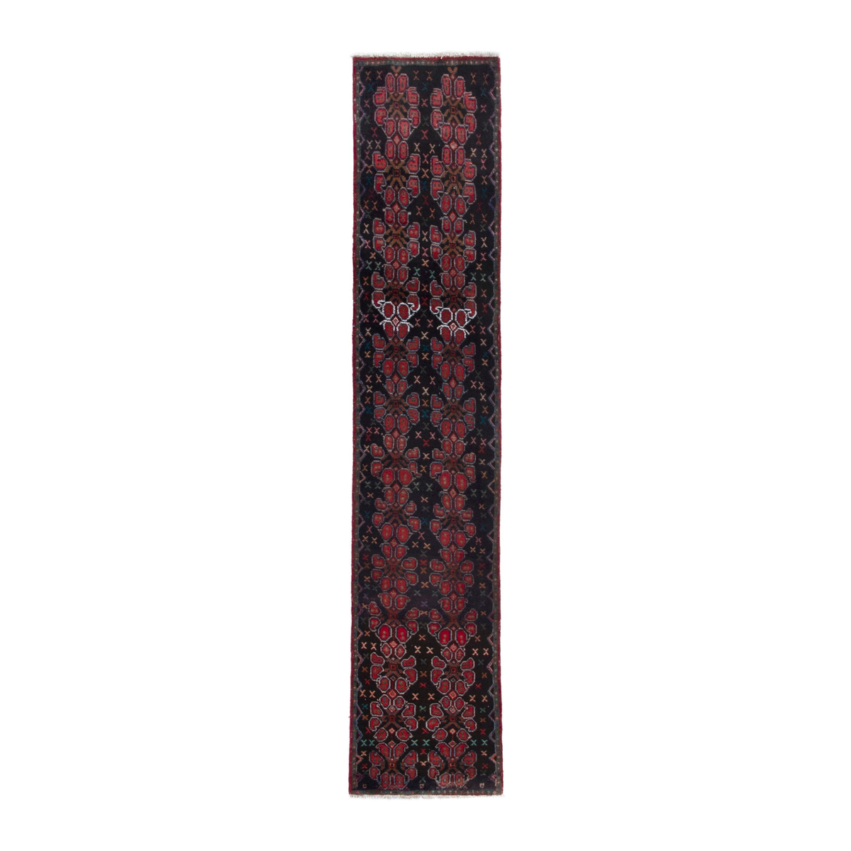 Persian Sanandaj runner rug in navy and burgundy, 1'10" x 8'10"