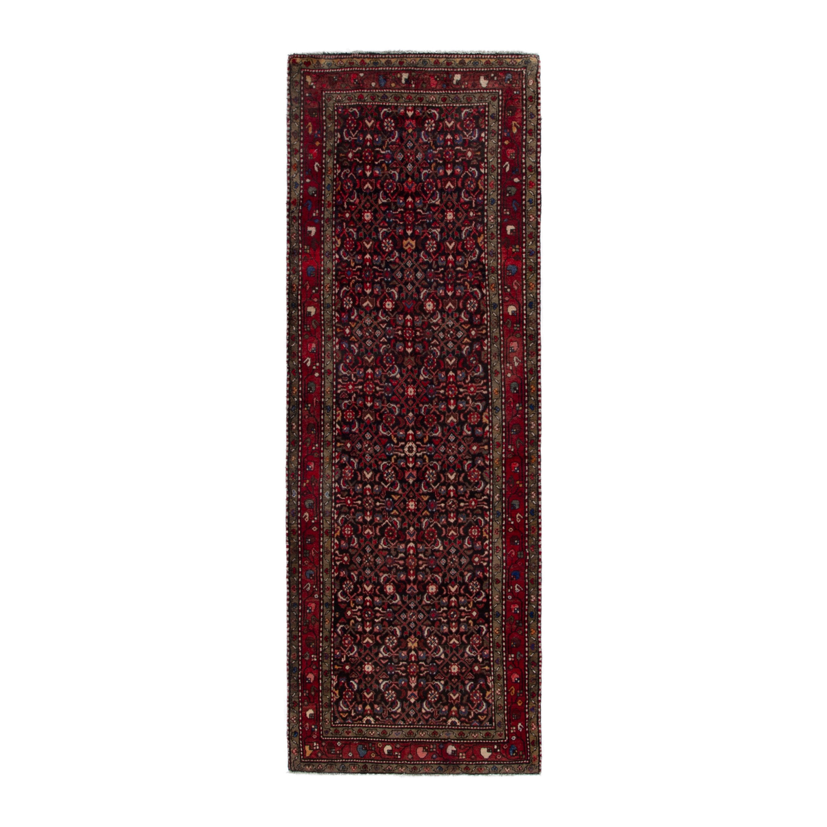 Persian Hamedan runner rug in burgundy and deep red, 3'7" x 10'