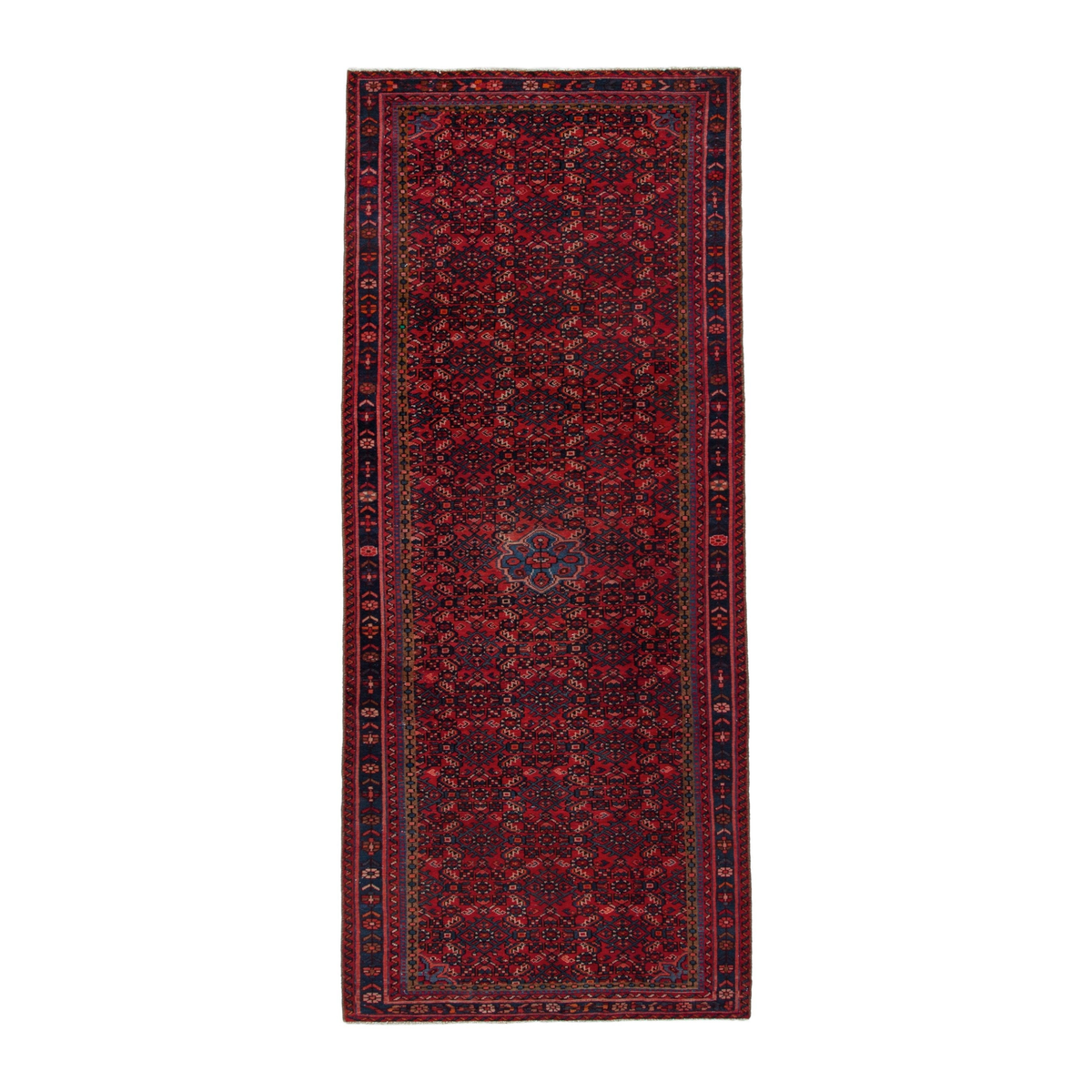 Persian Hossein Abad runner rug in burgundy and dark blue, 4'1" x 13'