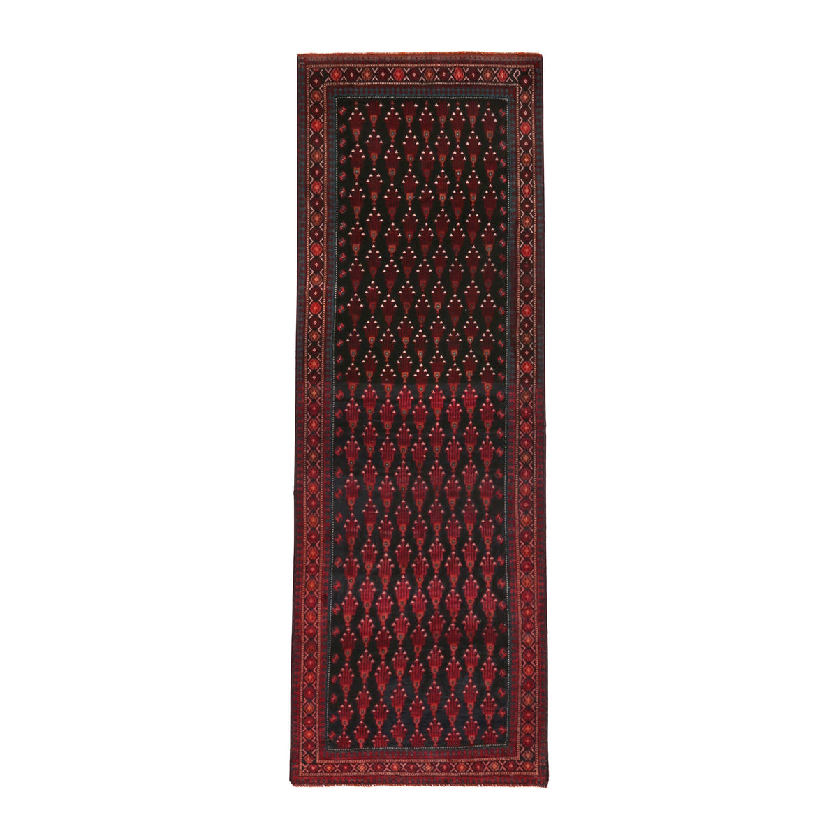 Persian Baluch runner rug in navy and burgundy, 2'11" x 9'