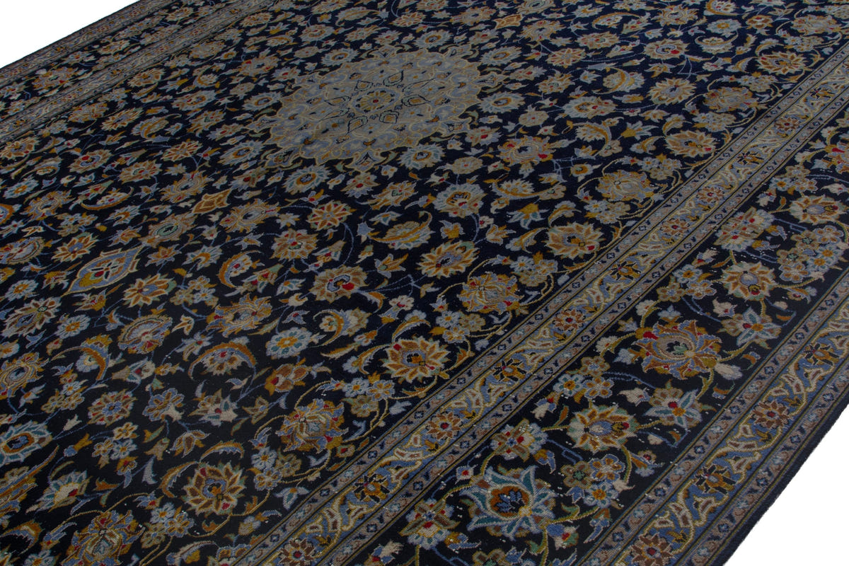 Persian Kashan oversized rug in navy and cream, view 5 of 20