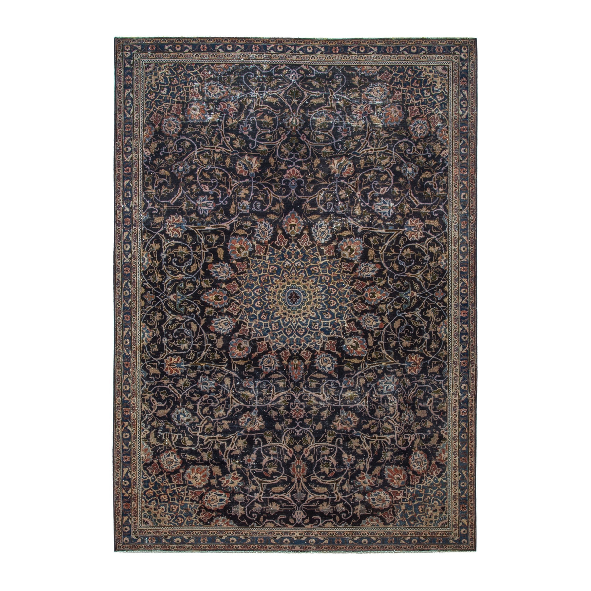Persian Kashmar area rug in navy and tan, 7'1" x 10'4"