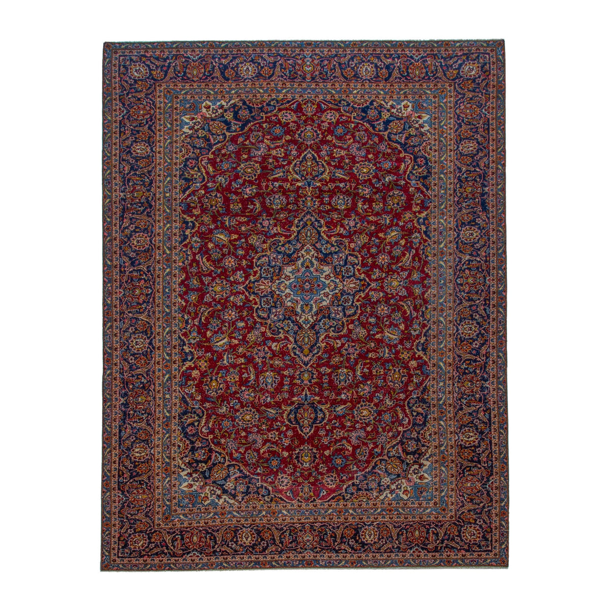 Persian Kashan oversized rug in deep red and dark blue, 8'4" x 11'2"