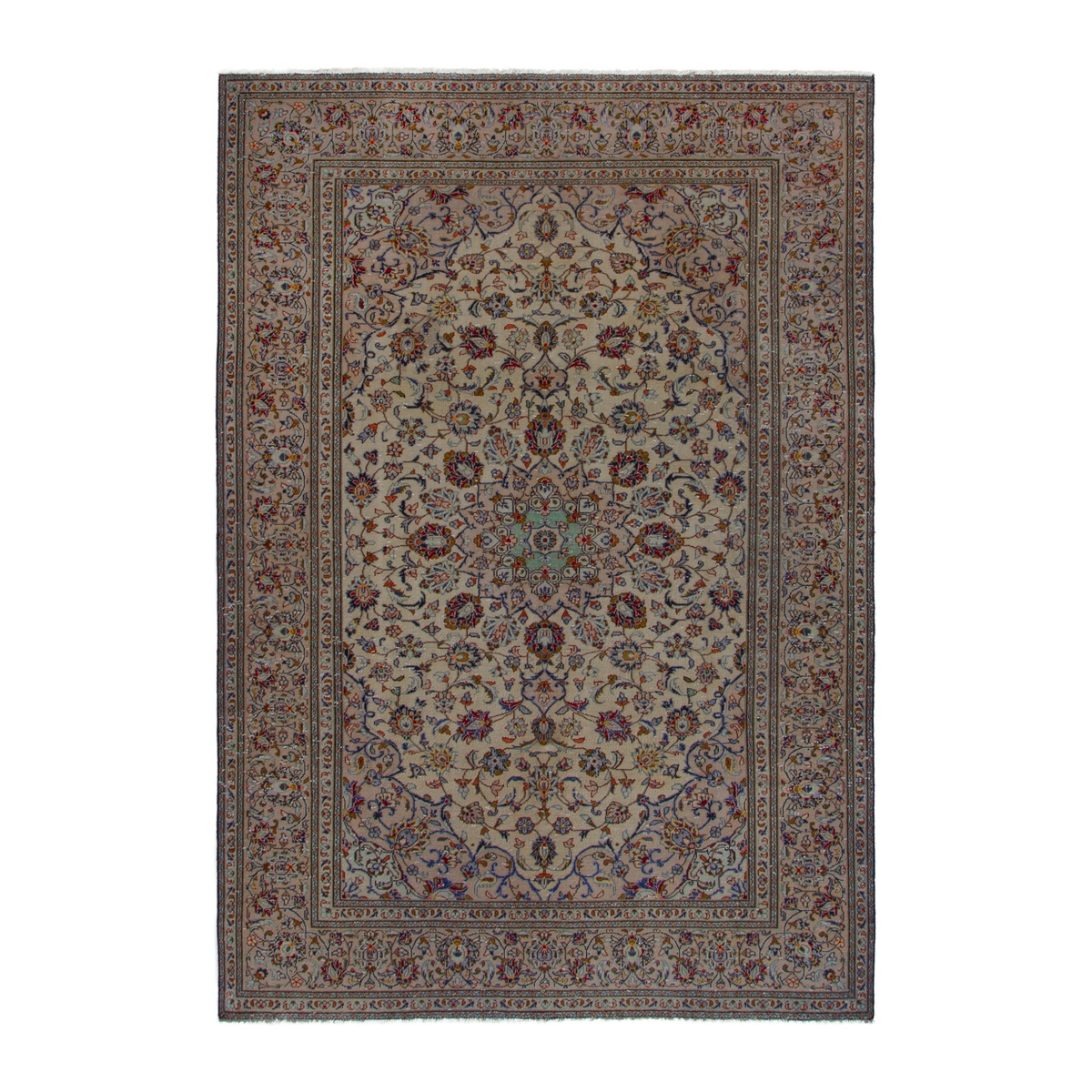 Persian Kashan area rug in cream and faded red, 6'8" x 9'5"