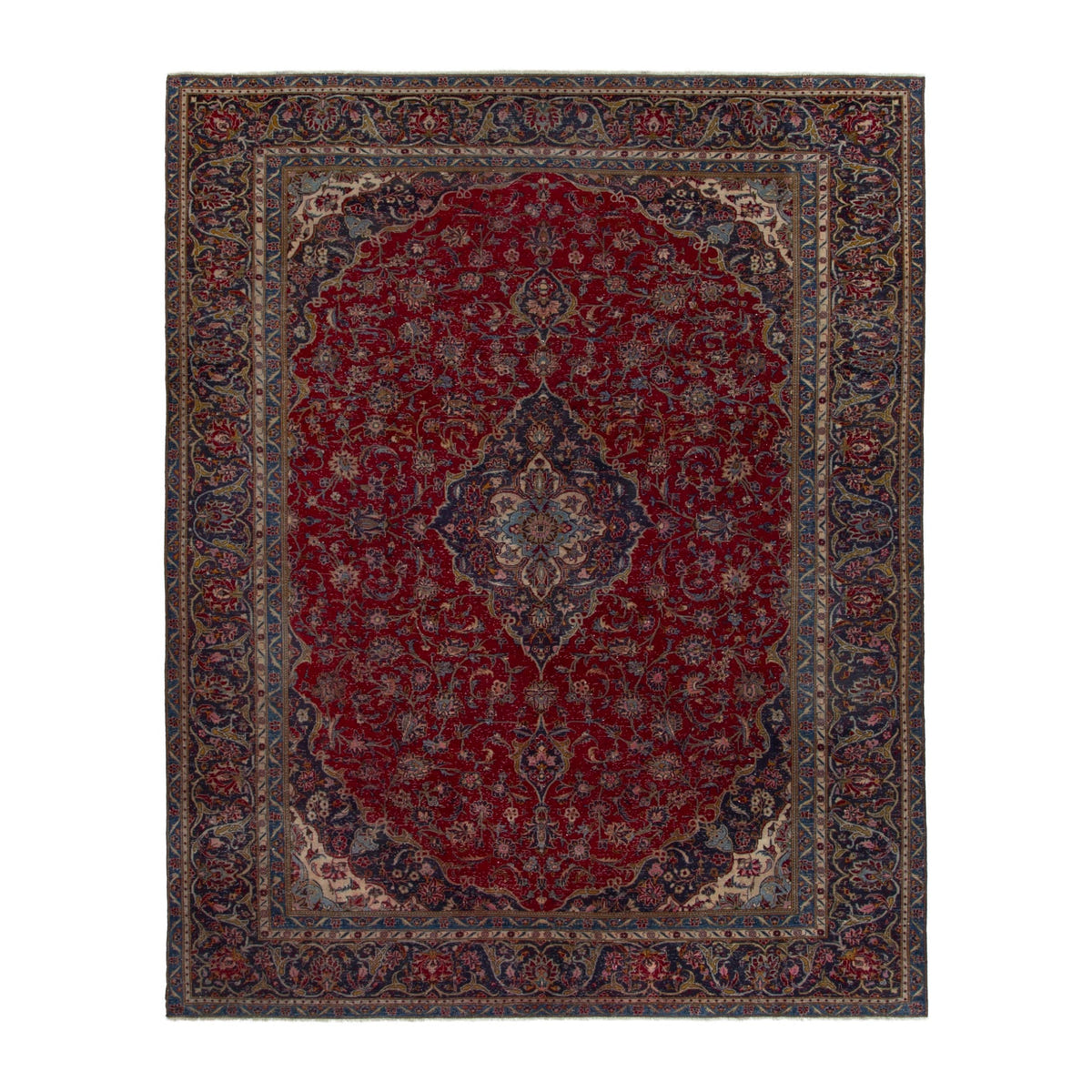 Persian Kashan oversized rug in deep red and dark blue, 9'4" x 12'2"