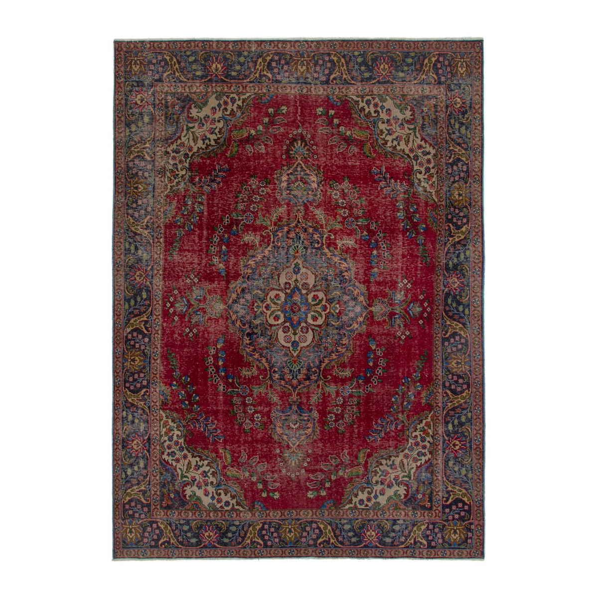 Persian Tabriz oversized rug in deep red and denim, 8' x 11'6"