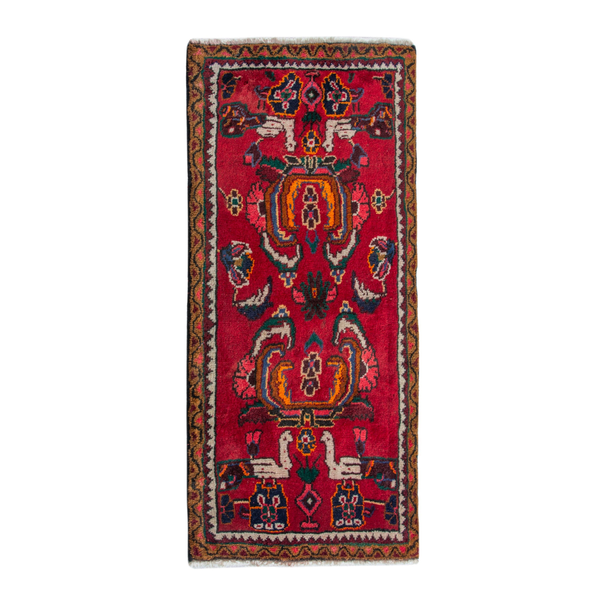 Persian Hamedan accent rug in deep red and burnt orange, 1'10" x 3'7"