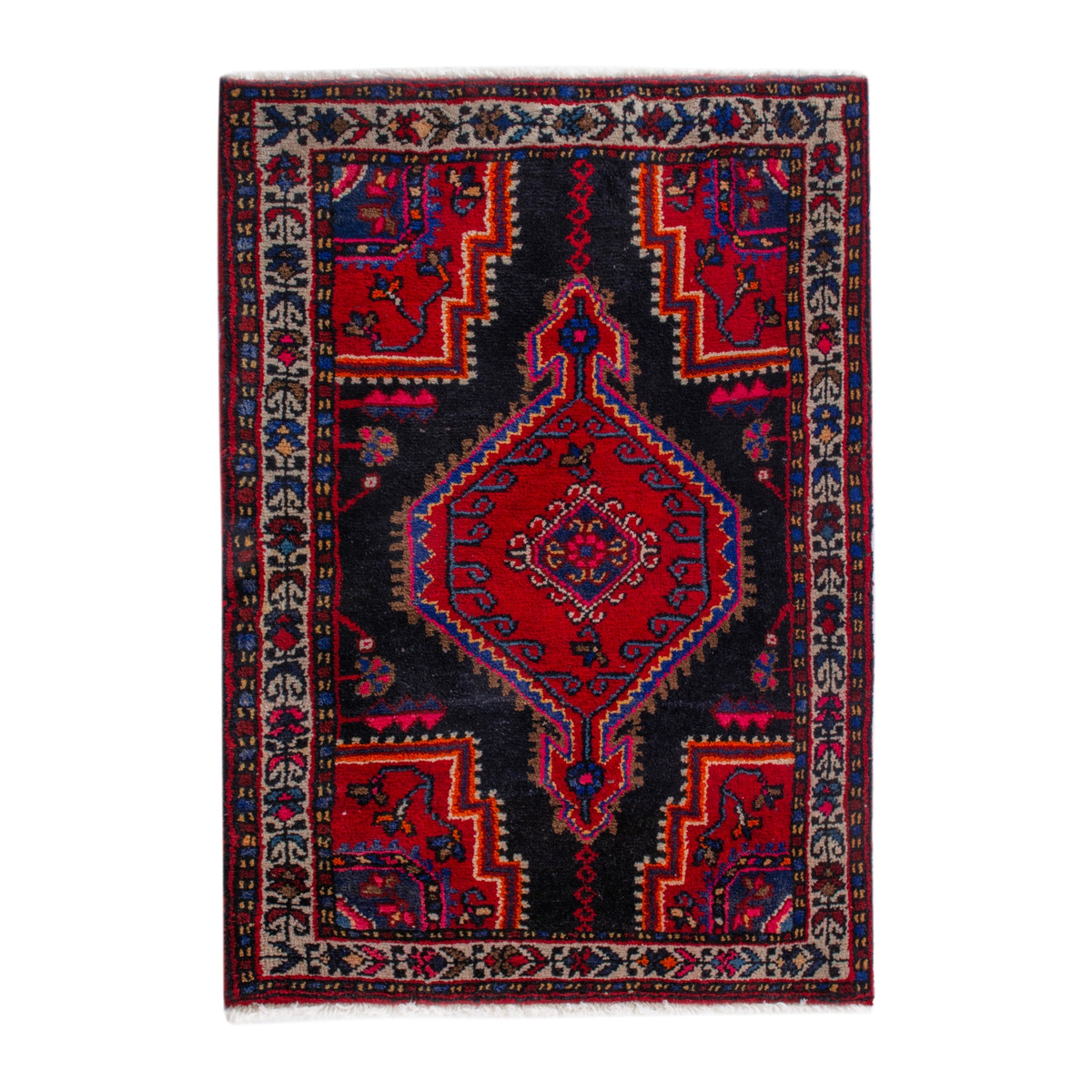 Persian Toyserkan accent rug in navy and deep red, 2'5" x 3'1"