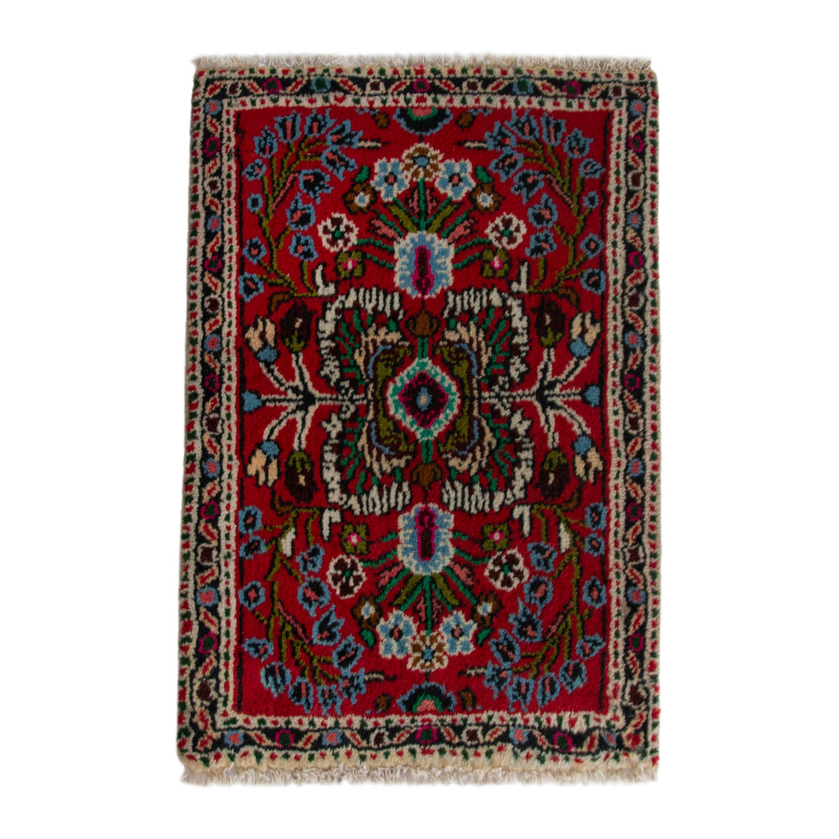 Persian Hamedan accent rug in deep red and off-white, 1'8" x 2'4"