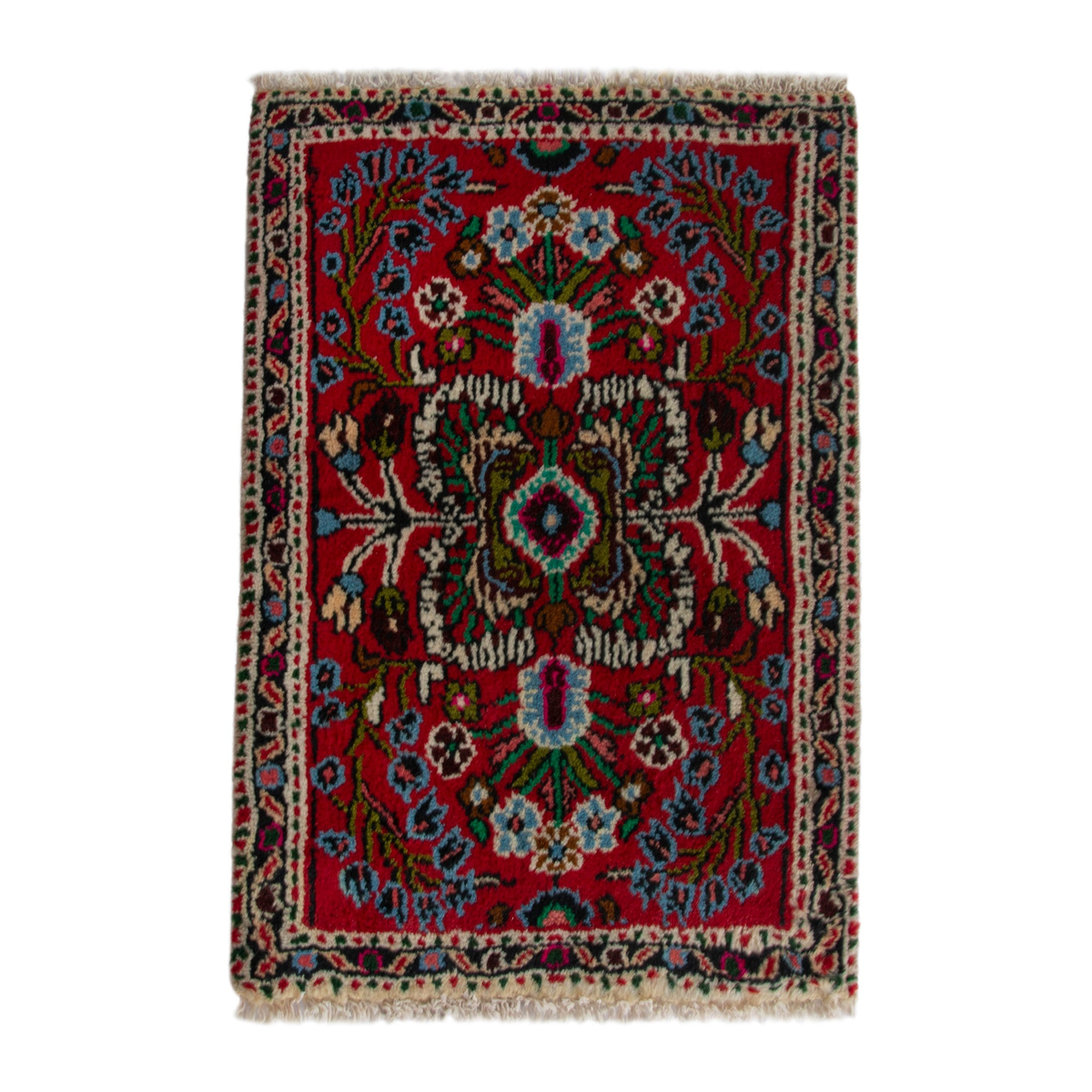 Persian Hamedan accent rug in deep red and off-white, 1'8" x 2'4"