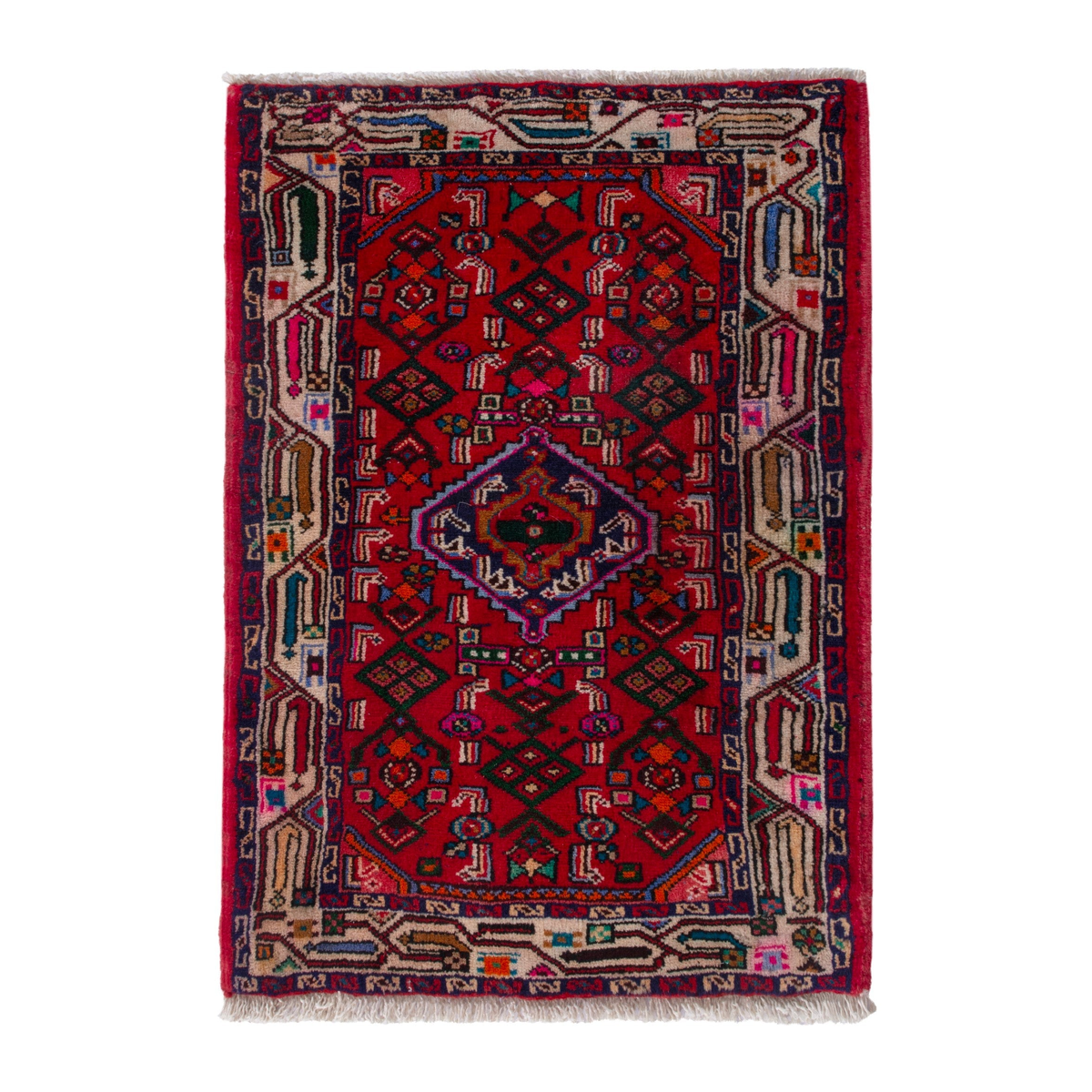 Persian Hamedan accent rug in deep red and off-white, 2' x 2'11"