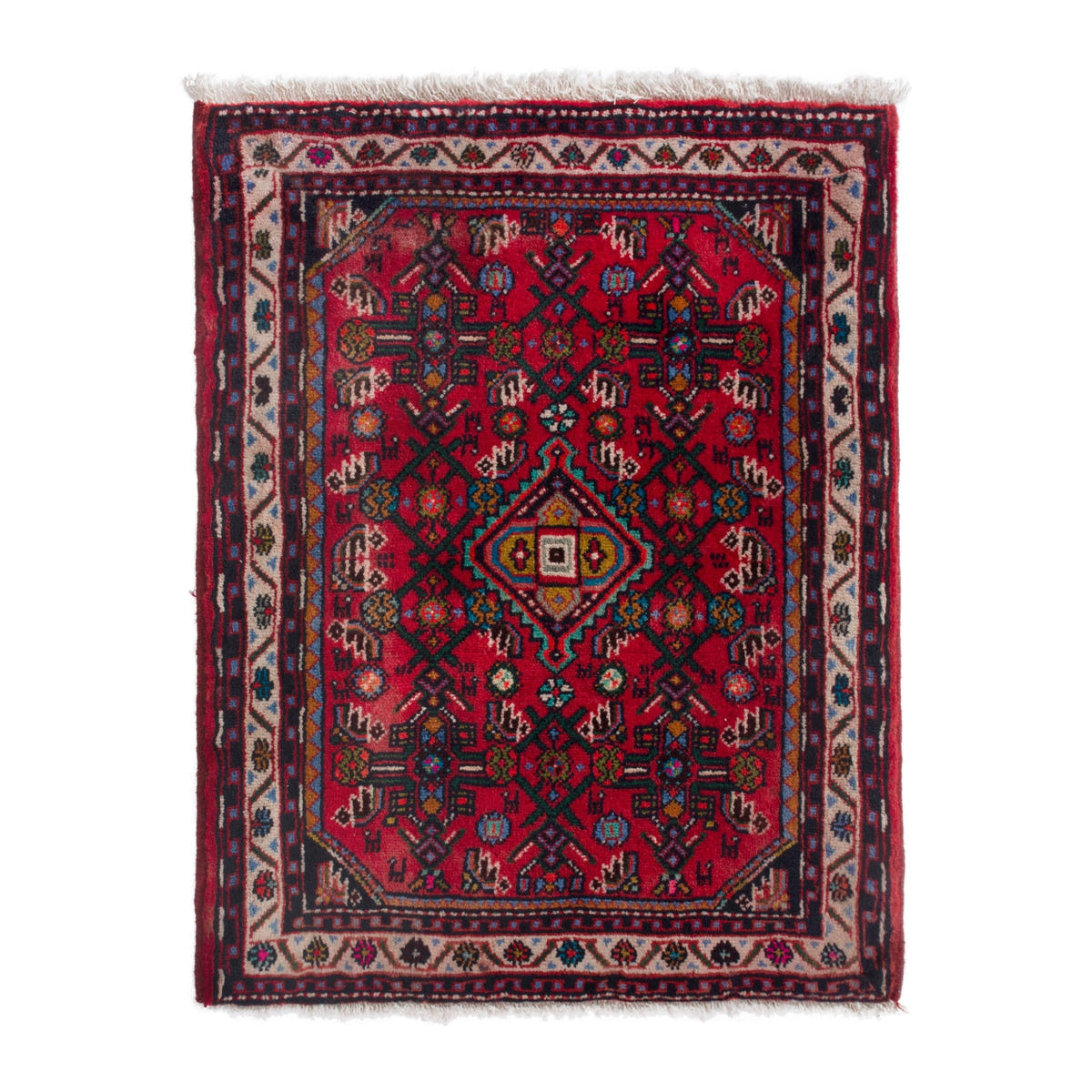 Persian Hamedan accent rug in deep red and cream, 2'1" x 2'5"