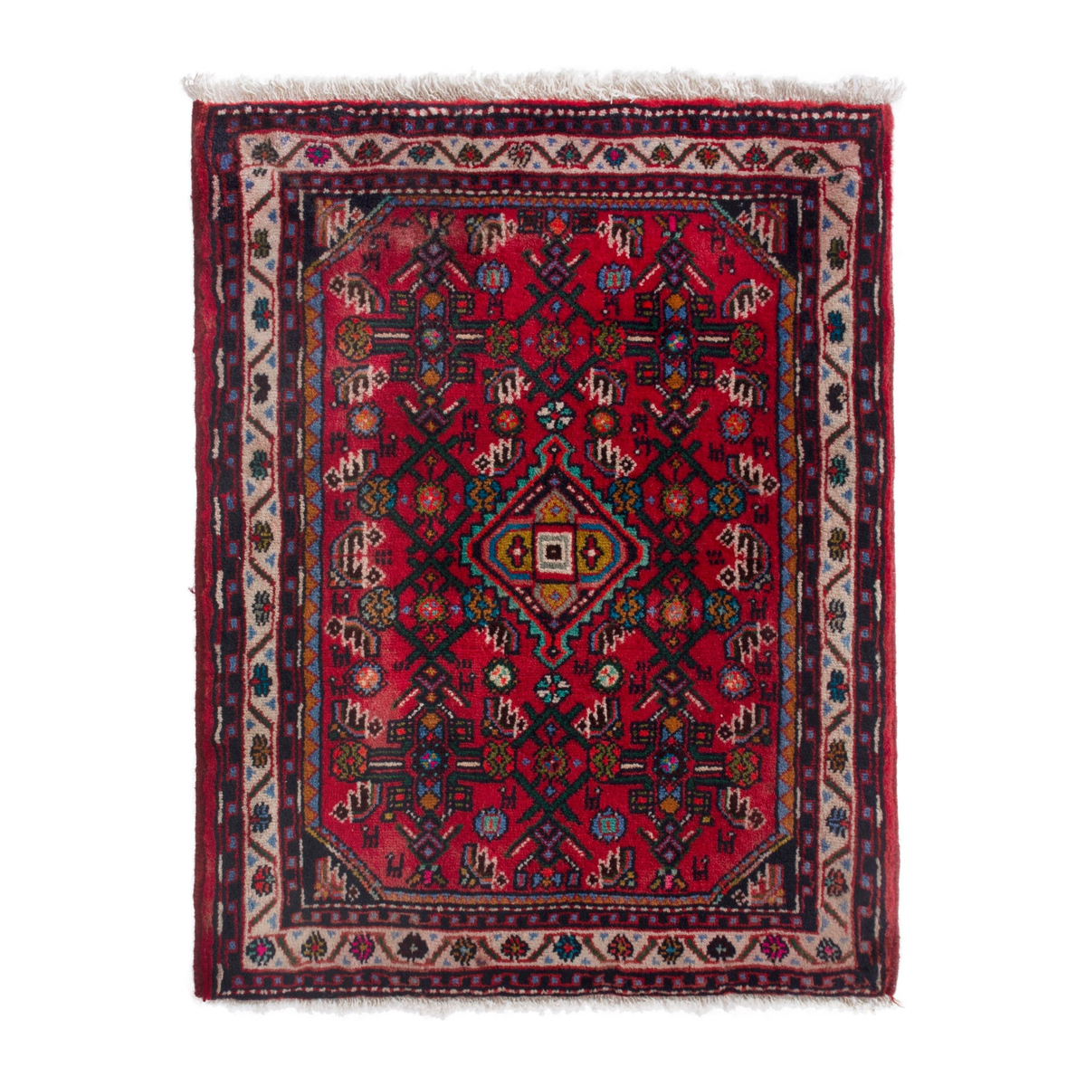 Persian Hamedan accent rug in deep red and cream, 2'1" x 2'5"
