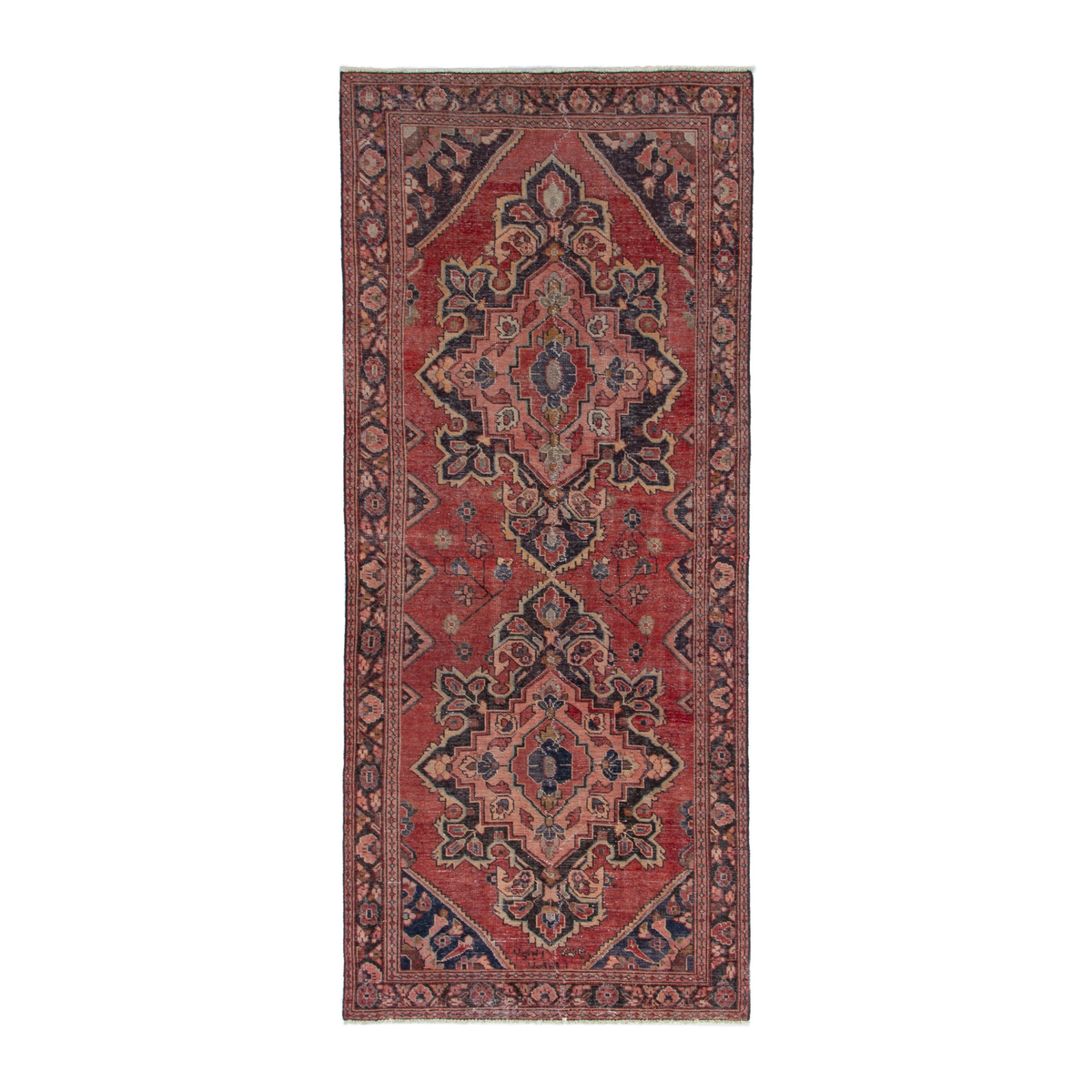 Persian Arak runner rug in faded red and navy, 3'11" x 10'3"