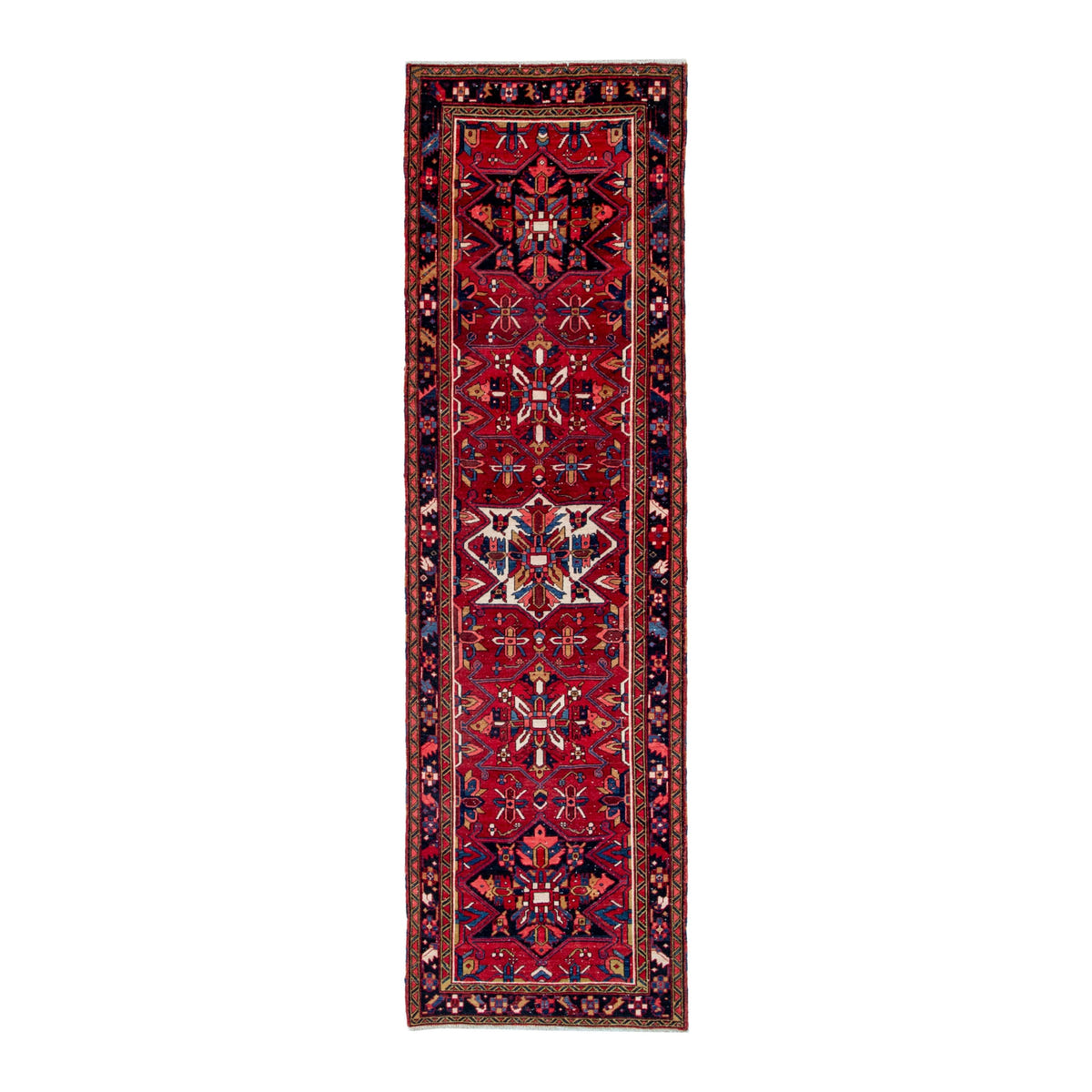 Persian Gorevan runner rug in deep red and navy, 3'3" x 11'