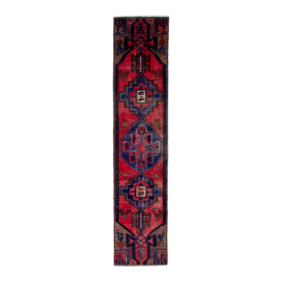 Persian Zanjan runner rug in deep red and dark blue, 1'10" x 8'10"