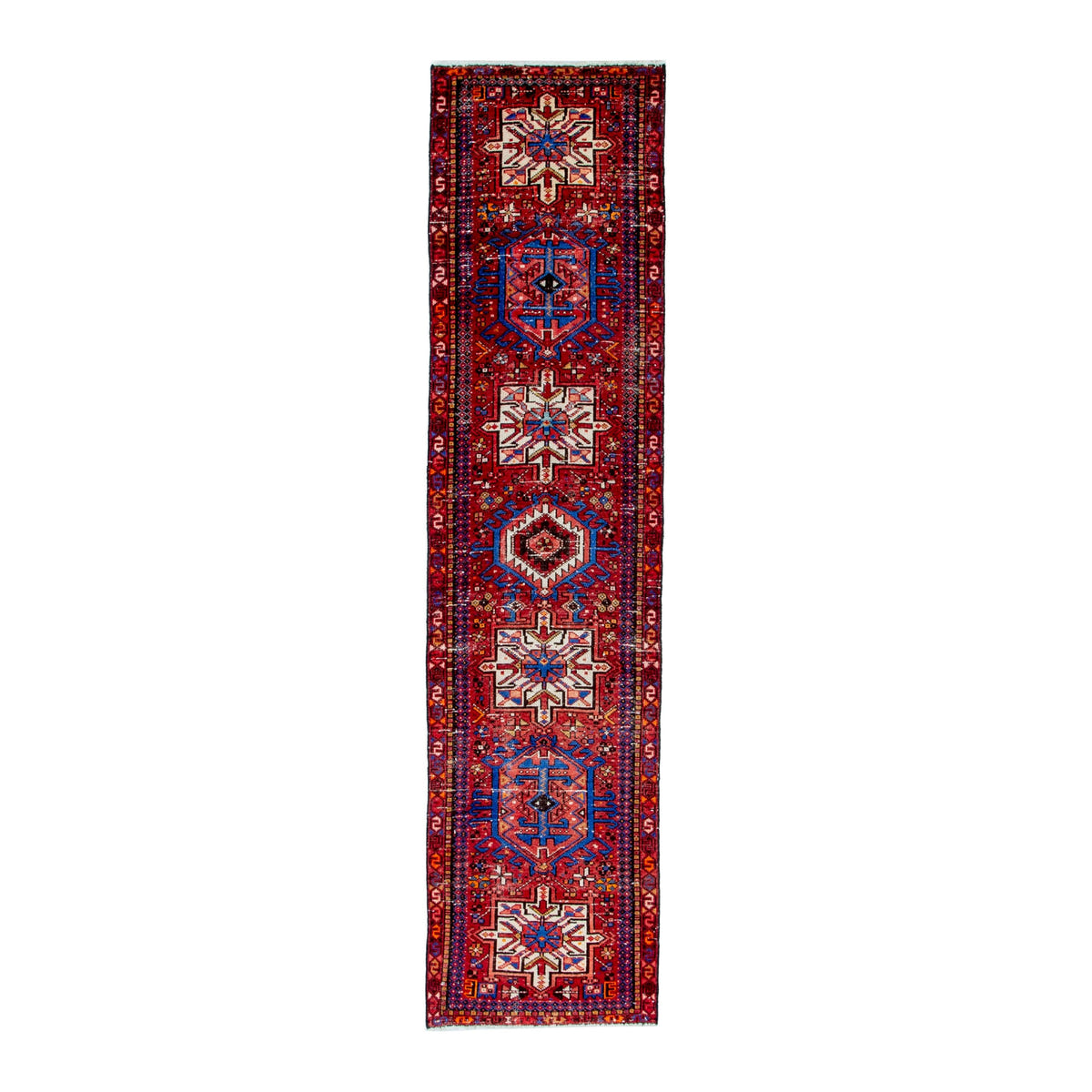Persian Gharajeh runner rug in deep red and denim, 2'3" x 9'1"