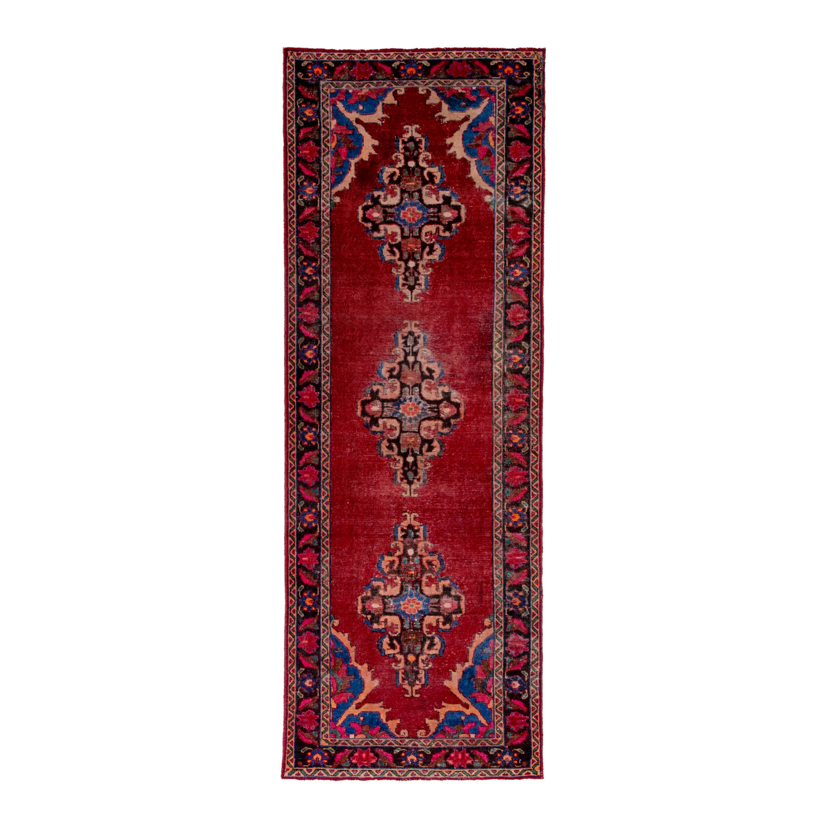 Persian Ferdos runner rug in deep red and burgundy, 3'7" x 10'3"