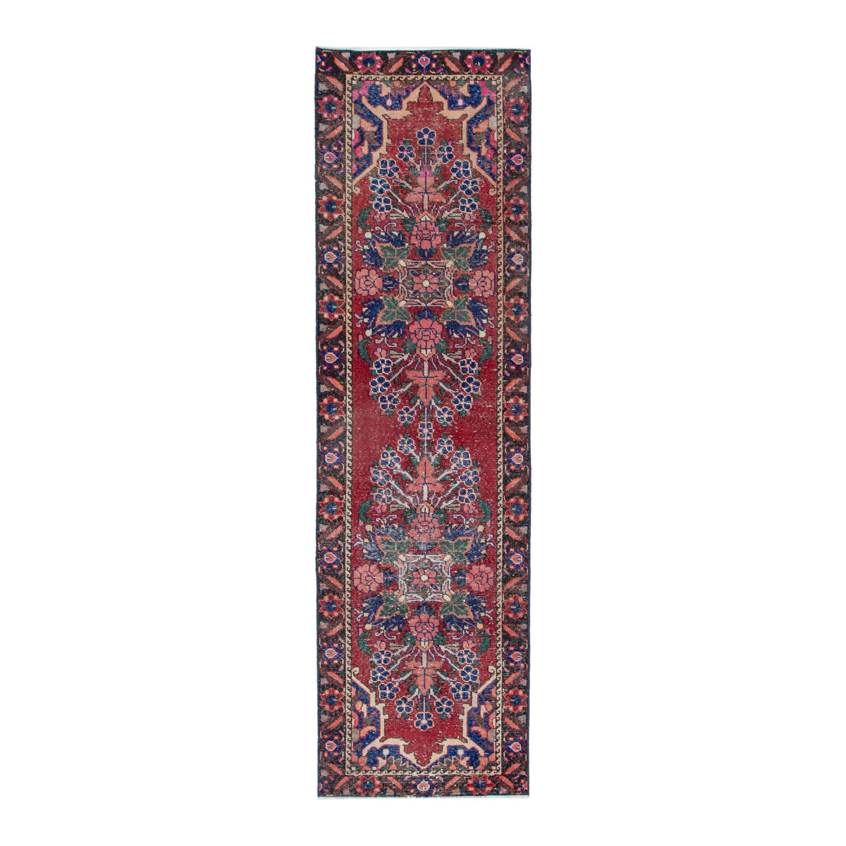 Persian Ferdos runner rug in deep red and navy, 2'11" x 10'1"