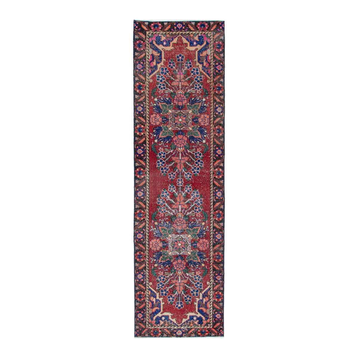 Persian Ferdos runner rug in deep red and navy, 2'11" x 10'1"