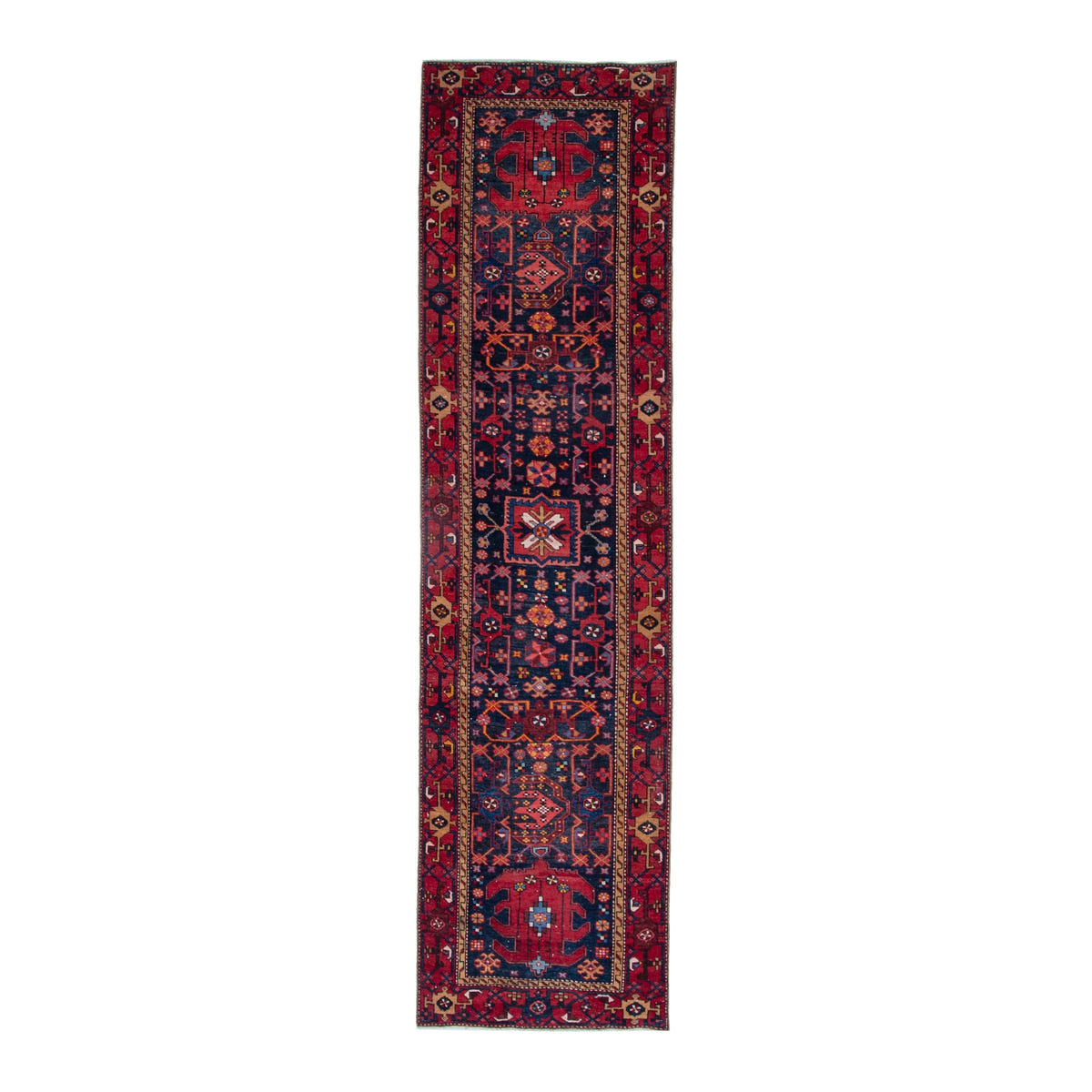 Persian Gorevan runner rug in navy and deep red, 3'1" x 11'2"
