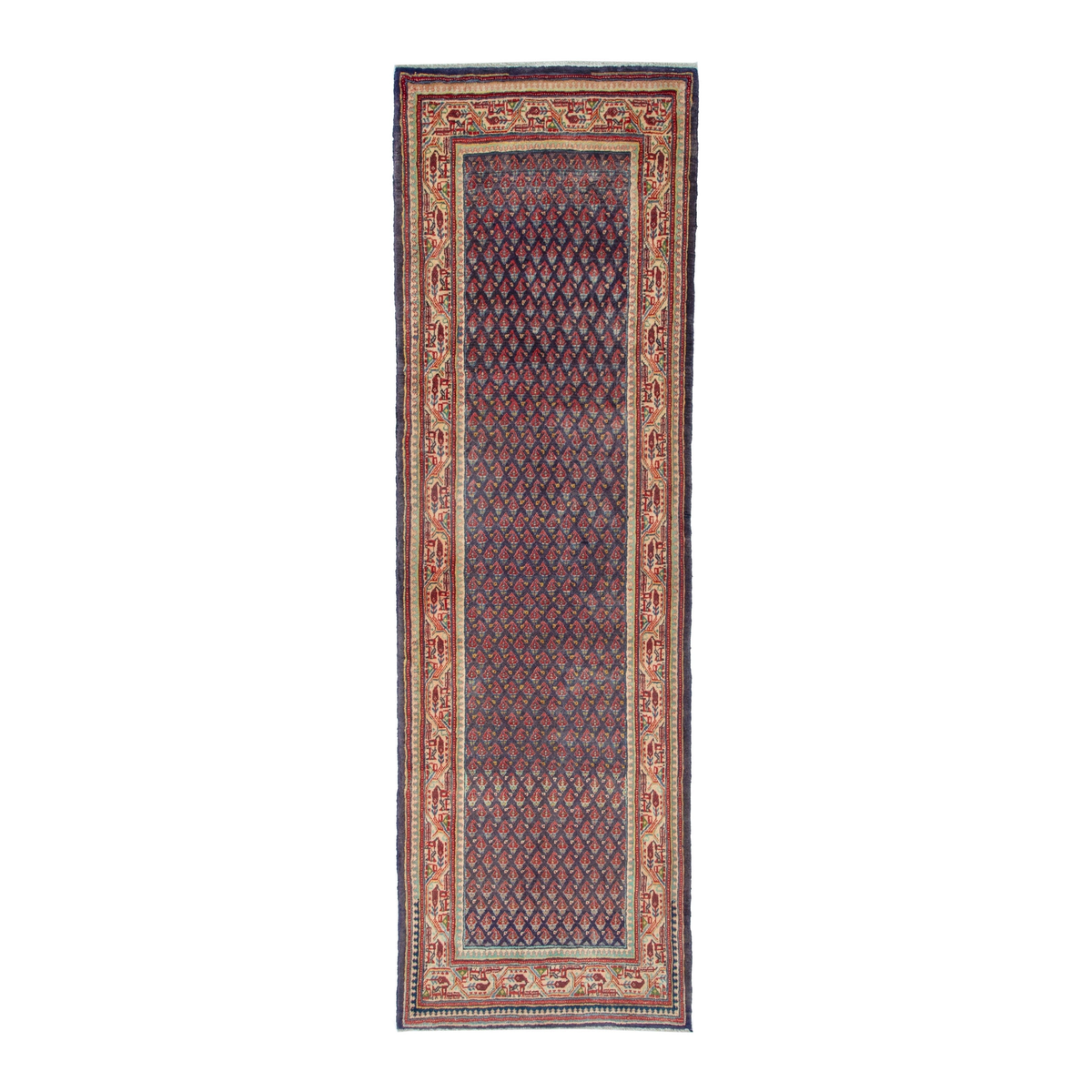 Persian Arak runner rug in navy and terracotta, 3'7" x 11'2"