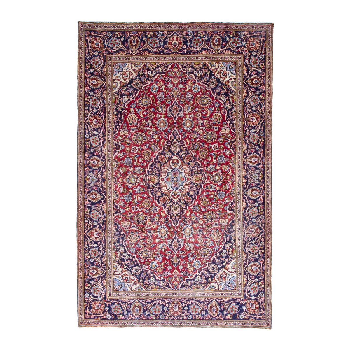 Persian Kashan area rug in deep red and dark blue, 6'5" x 10'1"