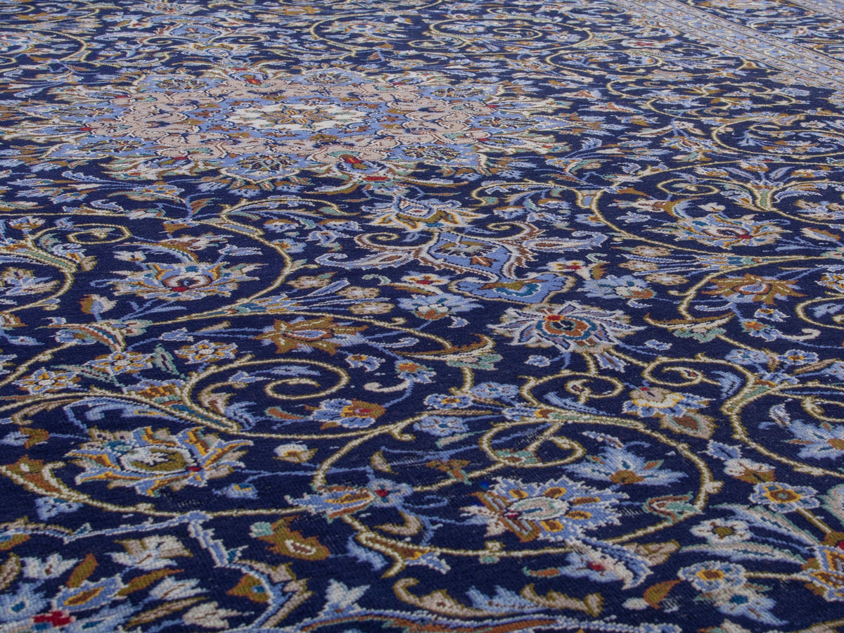 Persian Kashan oversized rug in navy and cream, view 12 of 22