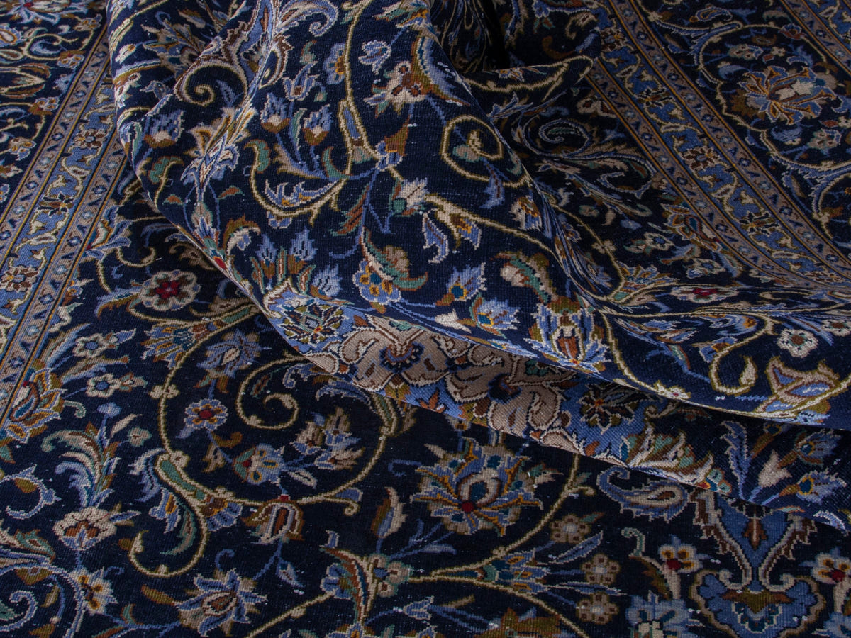 Persian Kashan oversized rug in navy and cream, view 20 of 22