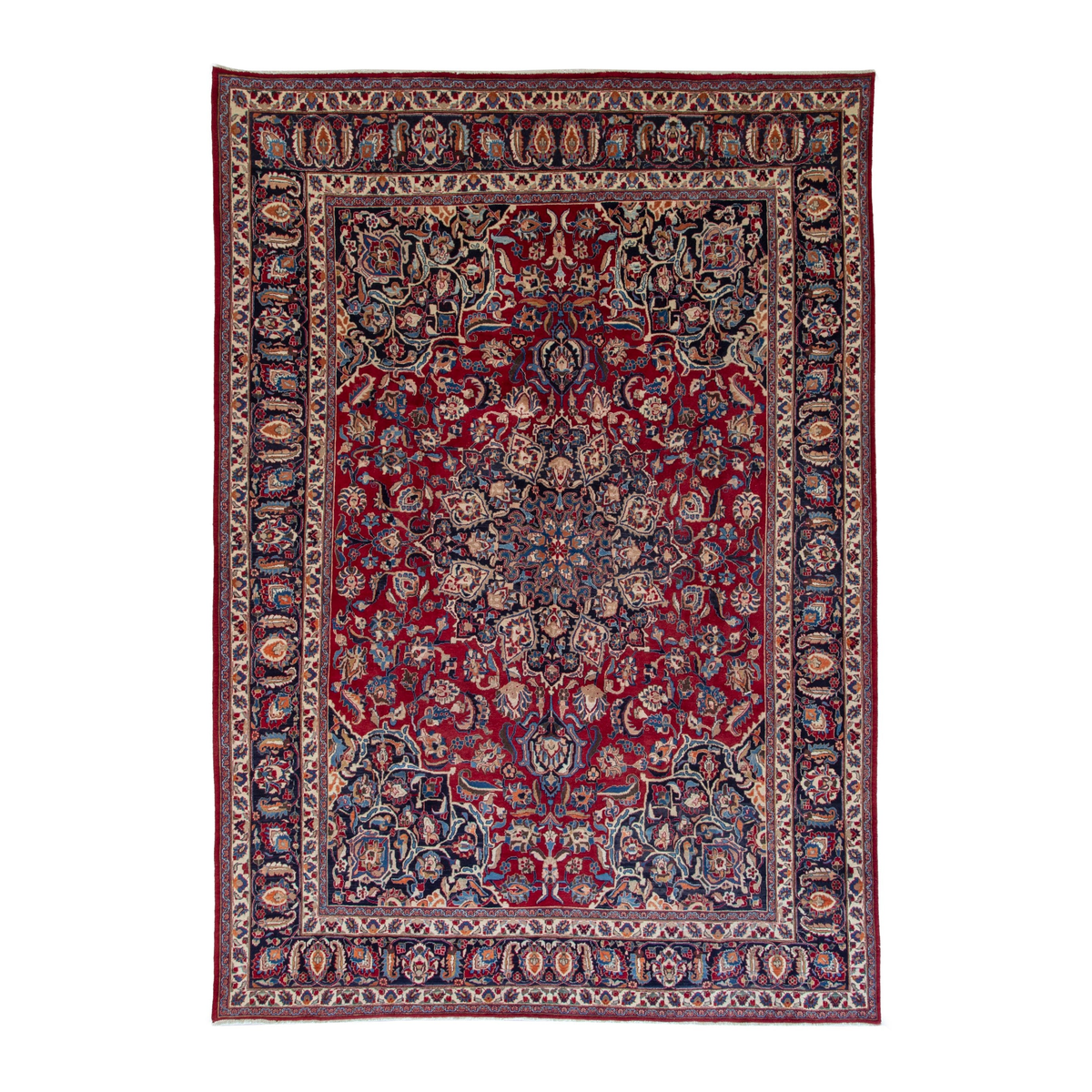 Persian Mashhad oversized rug in deep red and navy, 9'11" x 13'