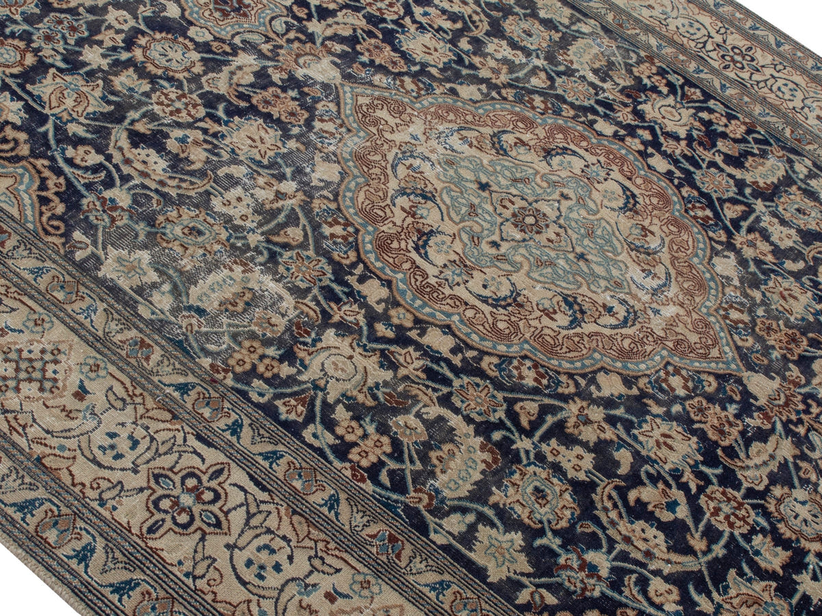 Persian Nain area rug in navy and cream, view 5 of 21