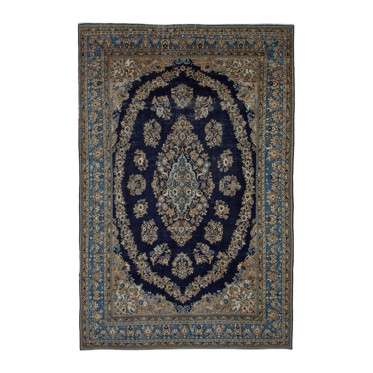 Persian Kashan oversized rug in navy and cream, 9'1" x 13'9"