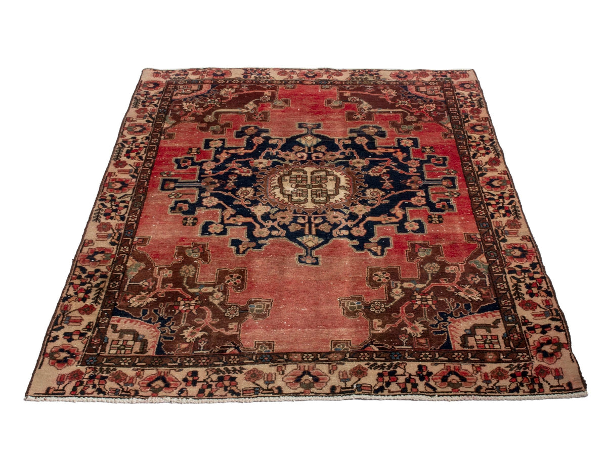 Persian Saveh accent rug in faded red and navy, view 3 of 25
