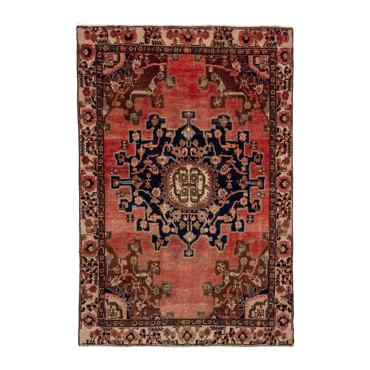 Persian Saveh accent rug in faded red and navy, 4'1" x 6'1"