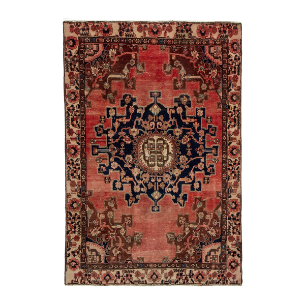 Persian Saveh accent rug in faded red and navy, 4'1" x 6'1"
