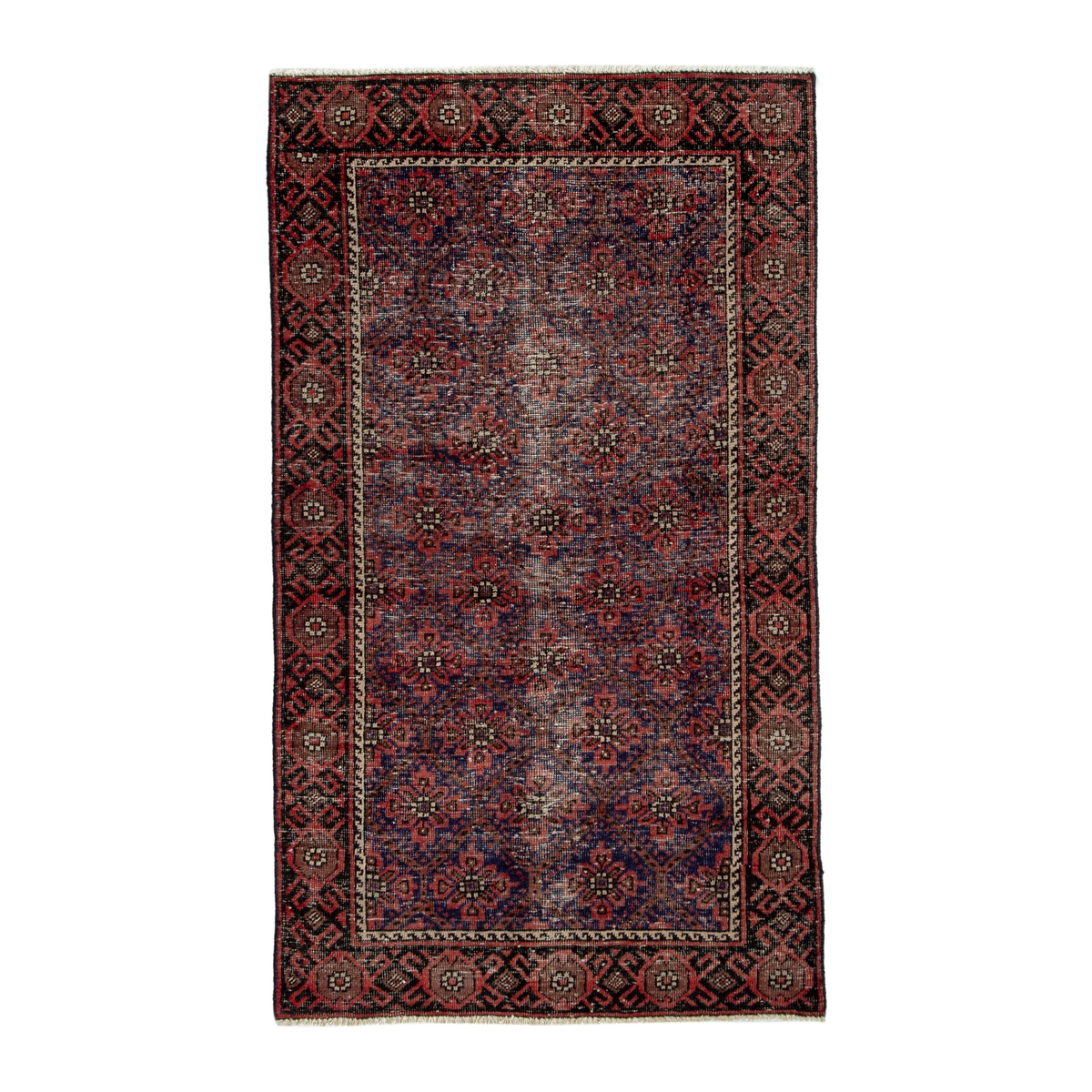 Persian Baluch accent rug in blue gray and burgundy, 3'3" x 5'7"