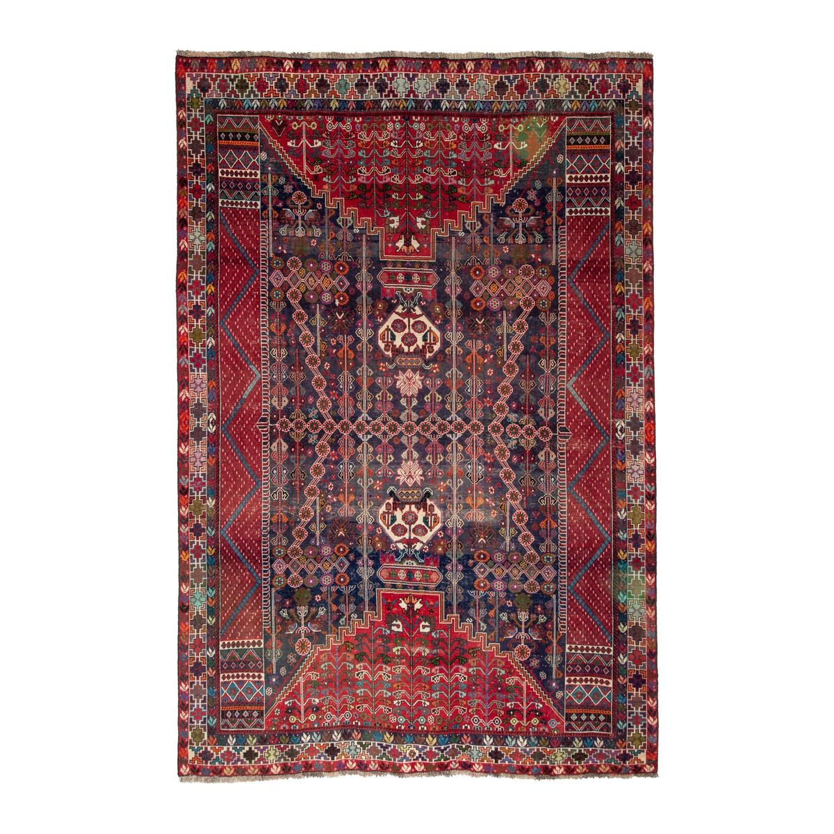 Persian Shiraz area rug in deep indigo and deep red, 6'11" x 9'11"