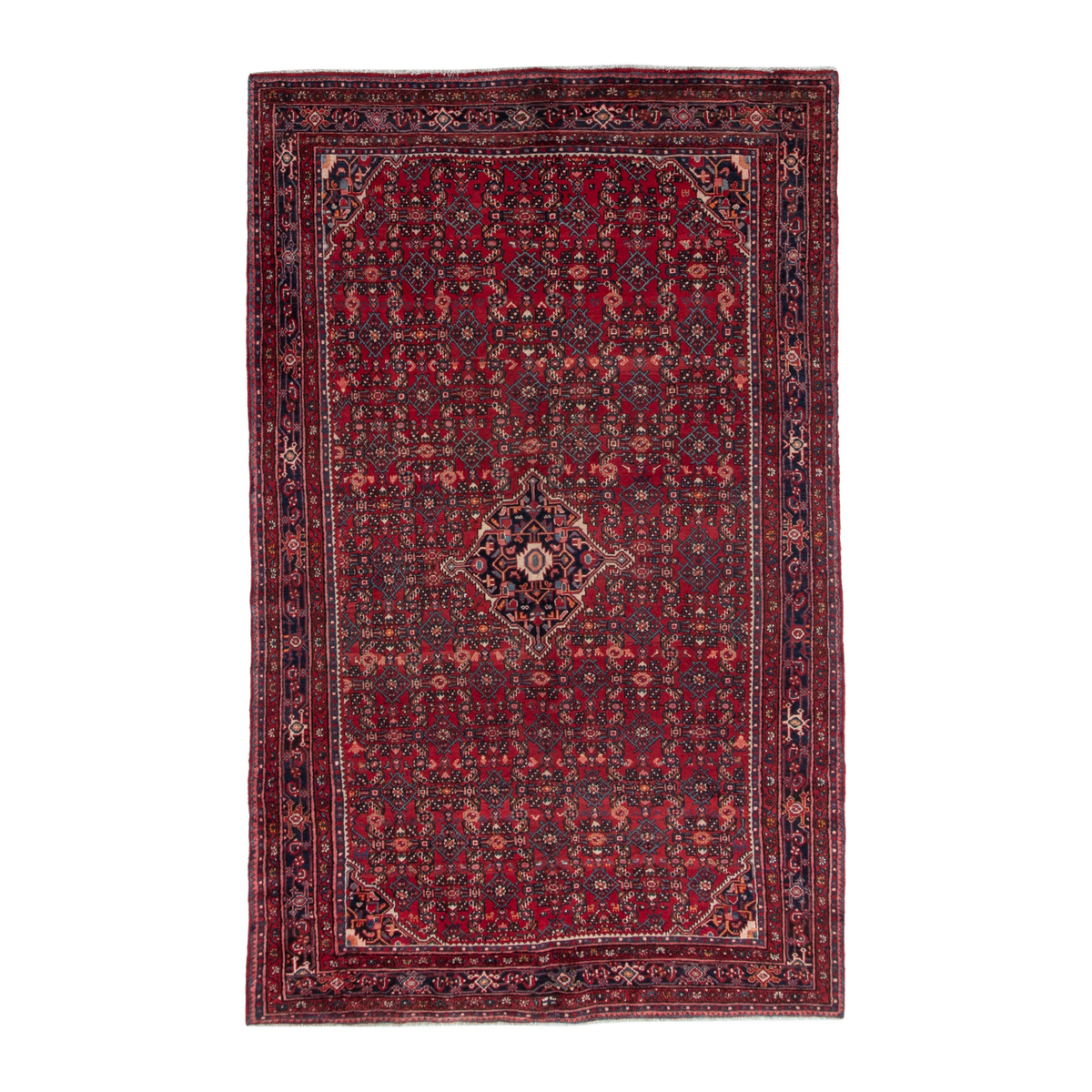 Persian Hosseinabad oversized rug in burgundy and navy, 6'9" x 10'10"