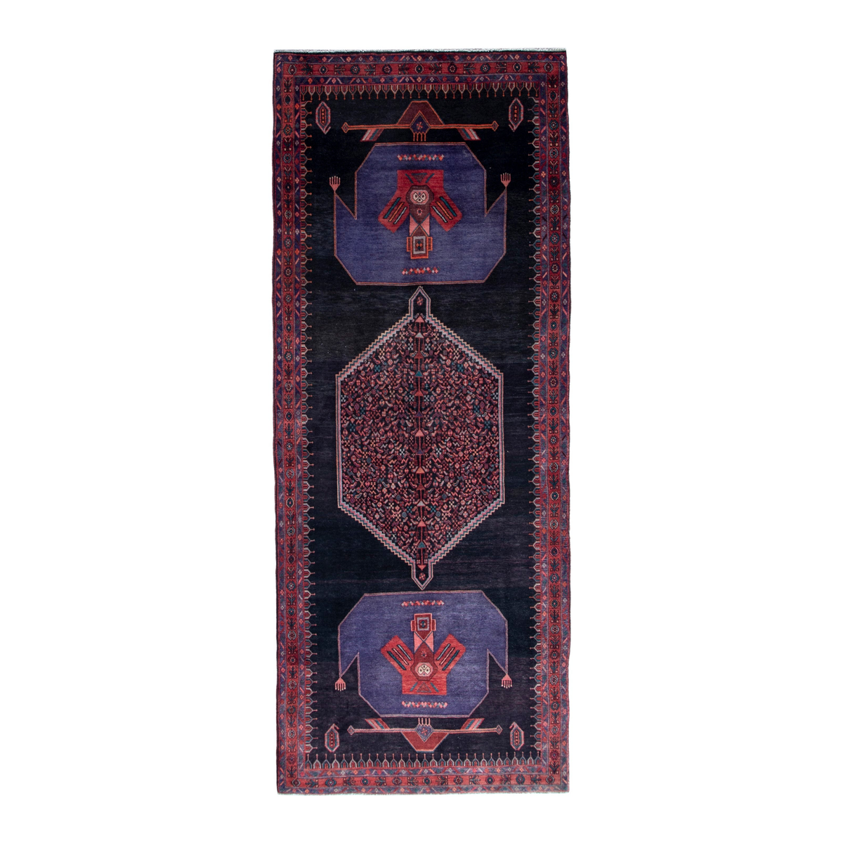 Persian Songhor runner rug in navy and burgundy, 4'9" x 12'7"