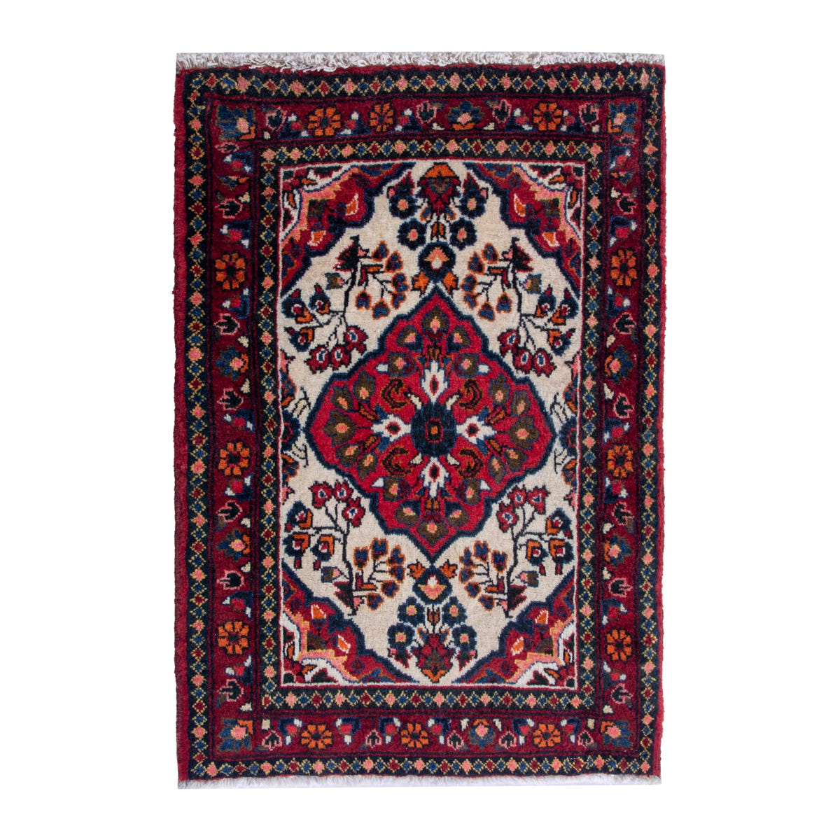 Persian Hamedan accent rug in deep red and ivory, 2' x 2'7"