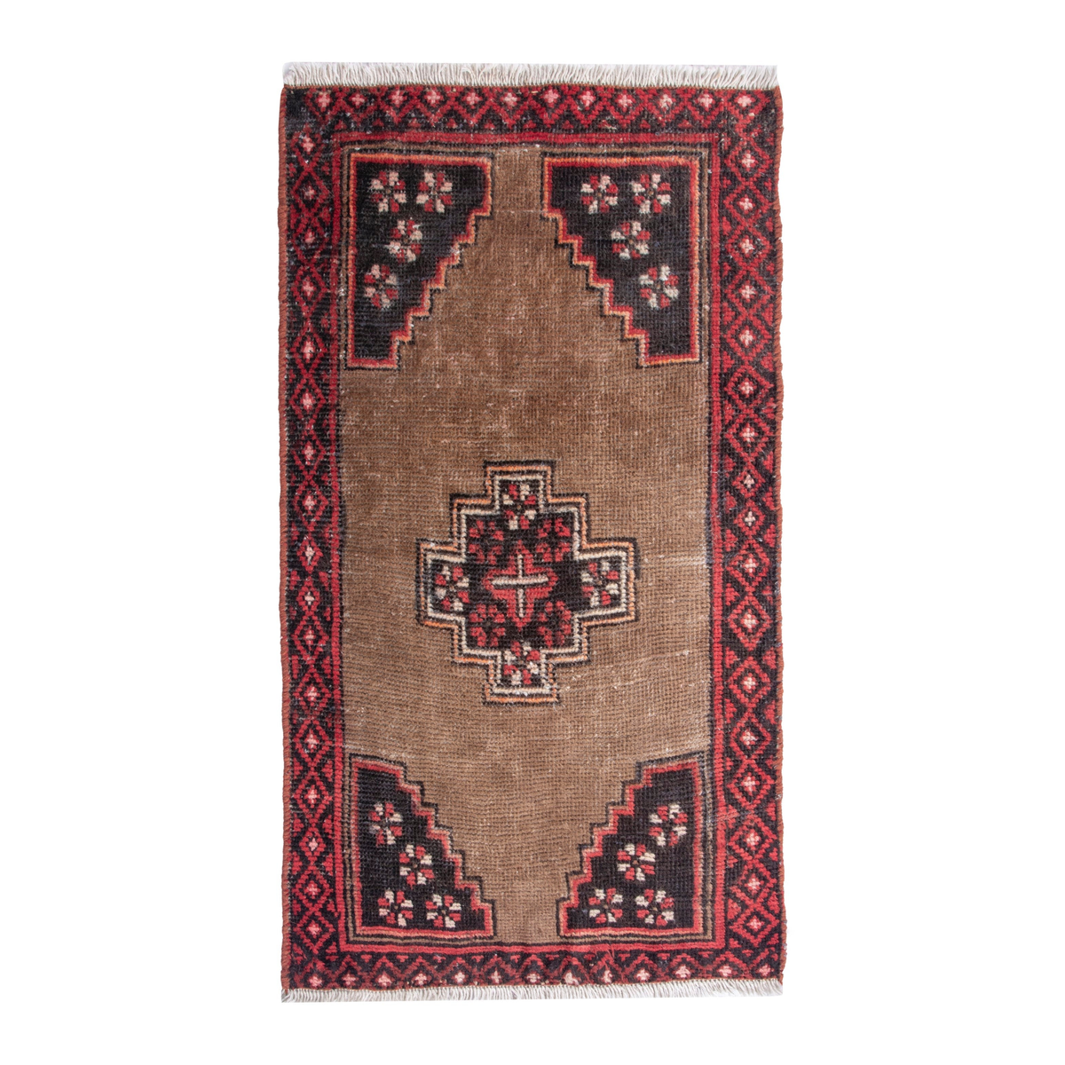 Persian Baluch accent rug in tan and deep red, 2'2" x 3'3"