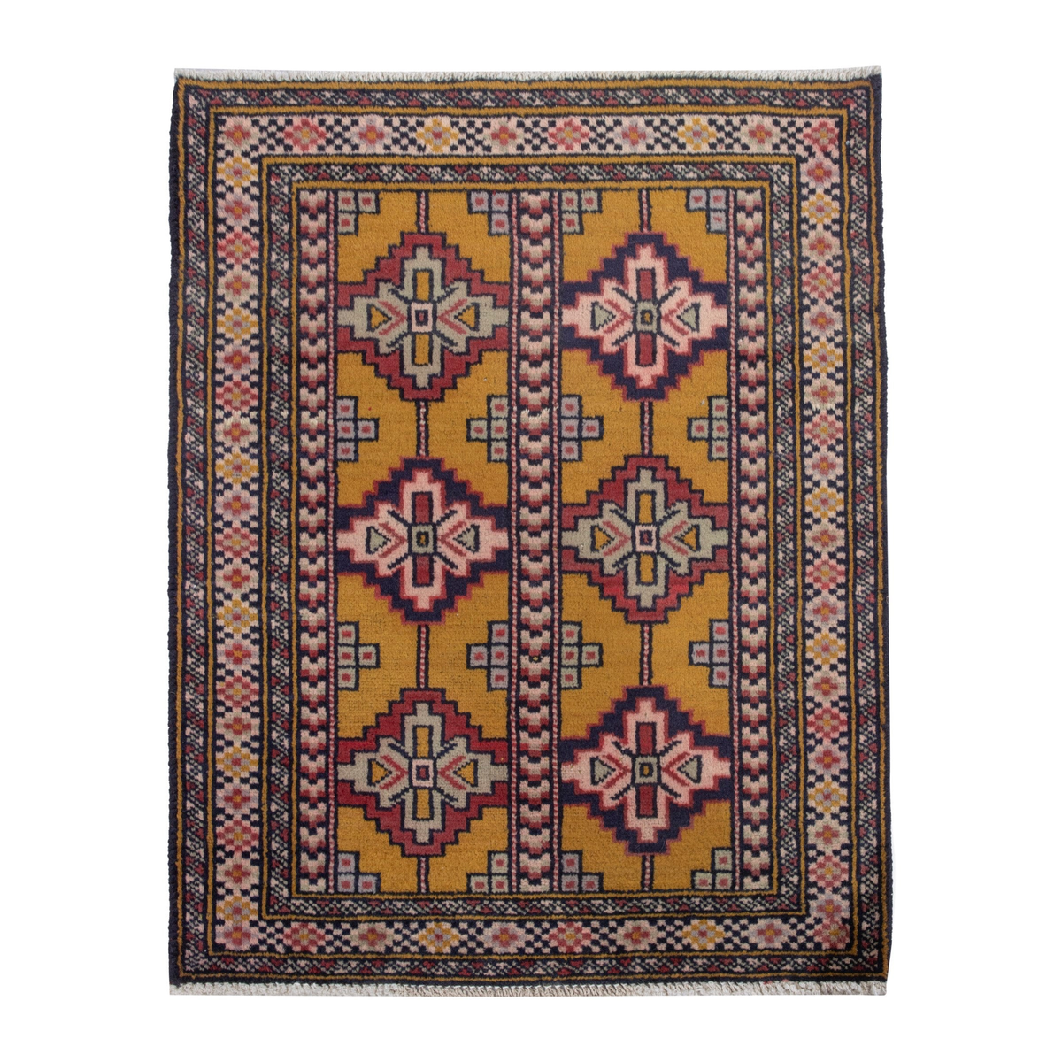 Persian Torkaman accent rug in mustard and burgundy, 2' x 2'6"