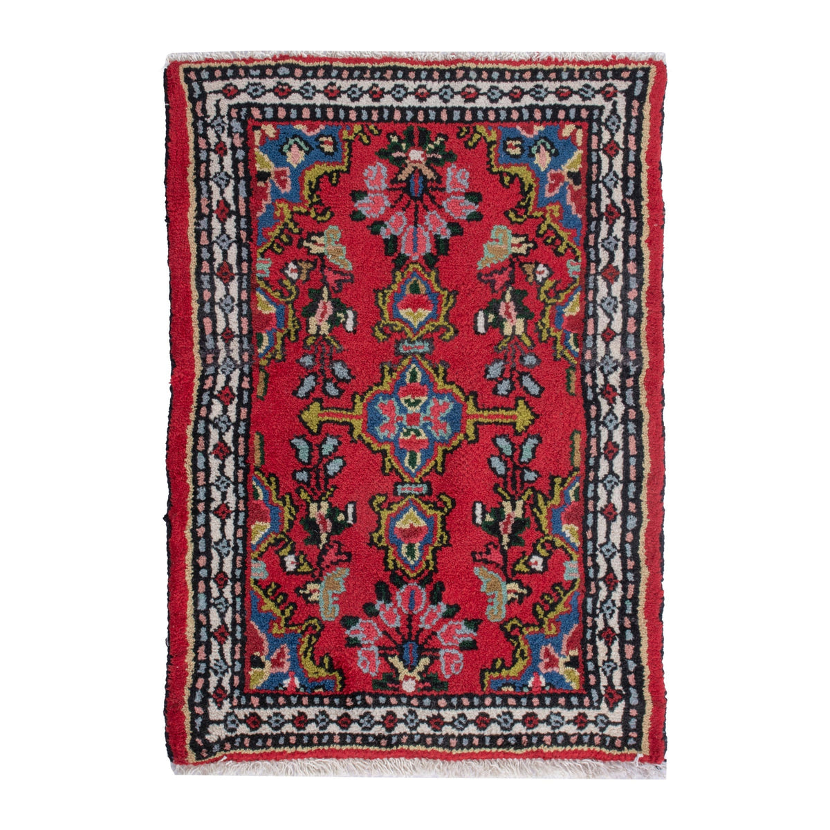 Persian Hamedan accent rug in deep red and dark blue, 1'8" x 2'7"