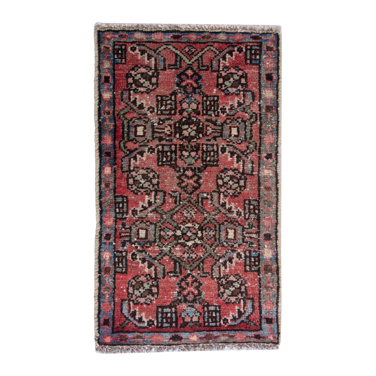 Persian Hamedan accent rug in faded red and navy, 1'3" x 2'