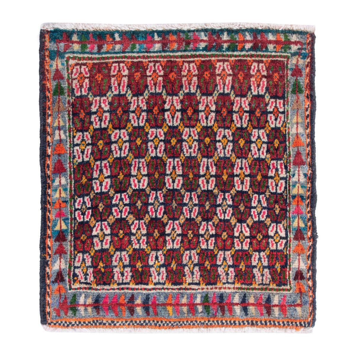 Persian Shiraz accent rug in burgundy and muted pink, 1'8" x 1'8"