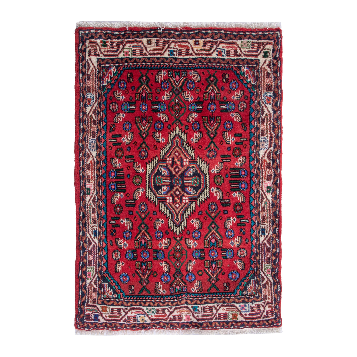 Persian Hamedan accent rug in deep red and cream, 2'2" x 3'1"
