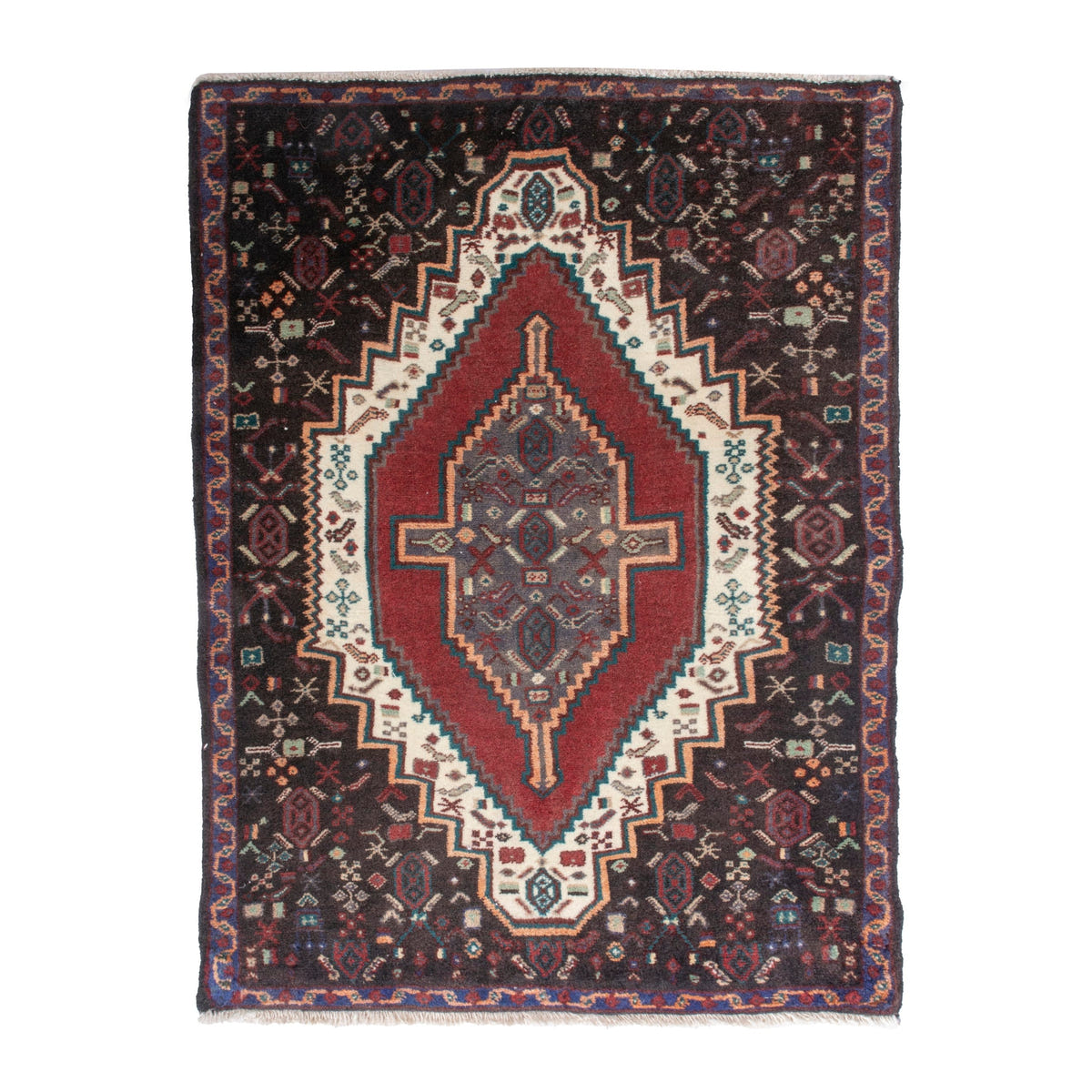 Persian Sanandaj accent rug in deep red and dark brown, 2'7" x 3'4"