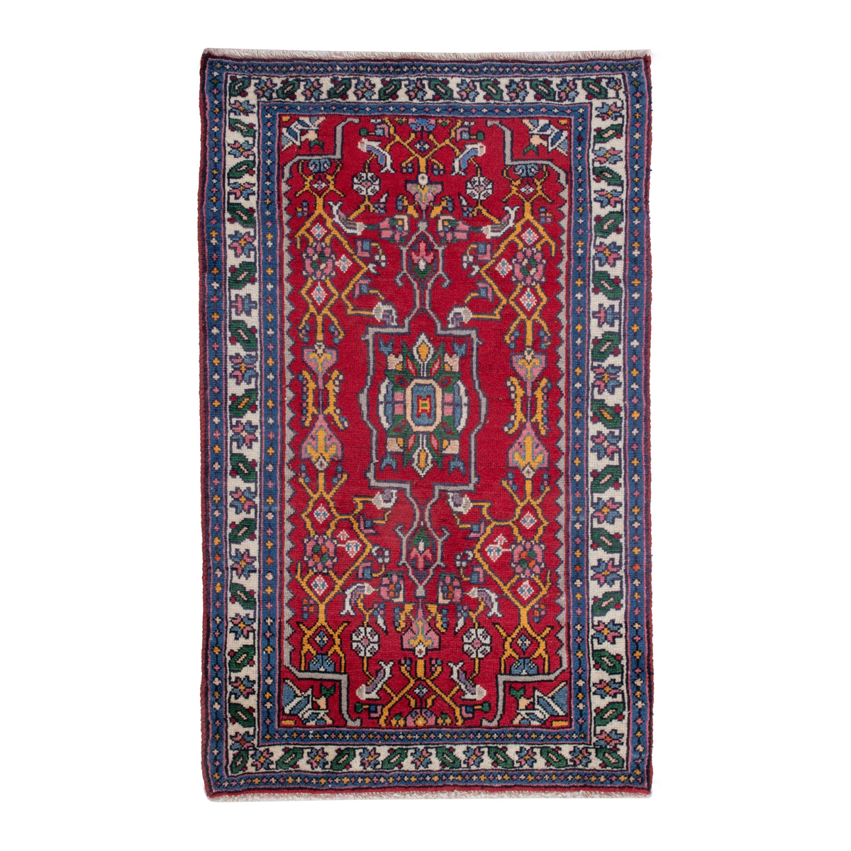 Persian Hamedan accent rug in deep red and navy, 2' x 3'1"