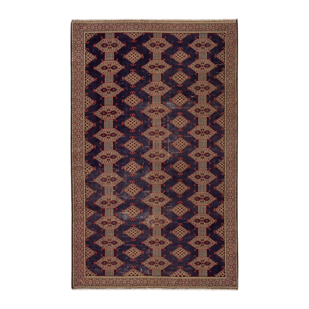 Persian Torkaman accent rug in navy and tan, 3'5" x 5'7"
